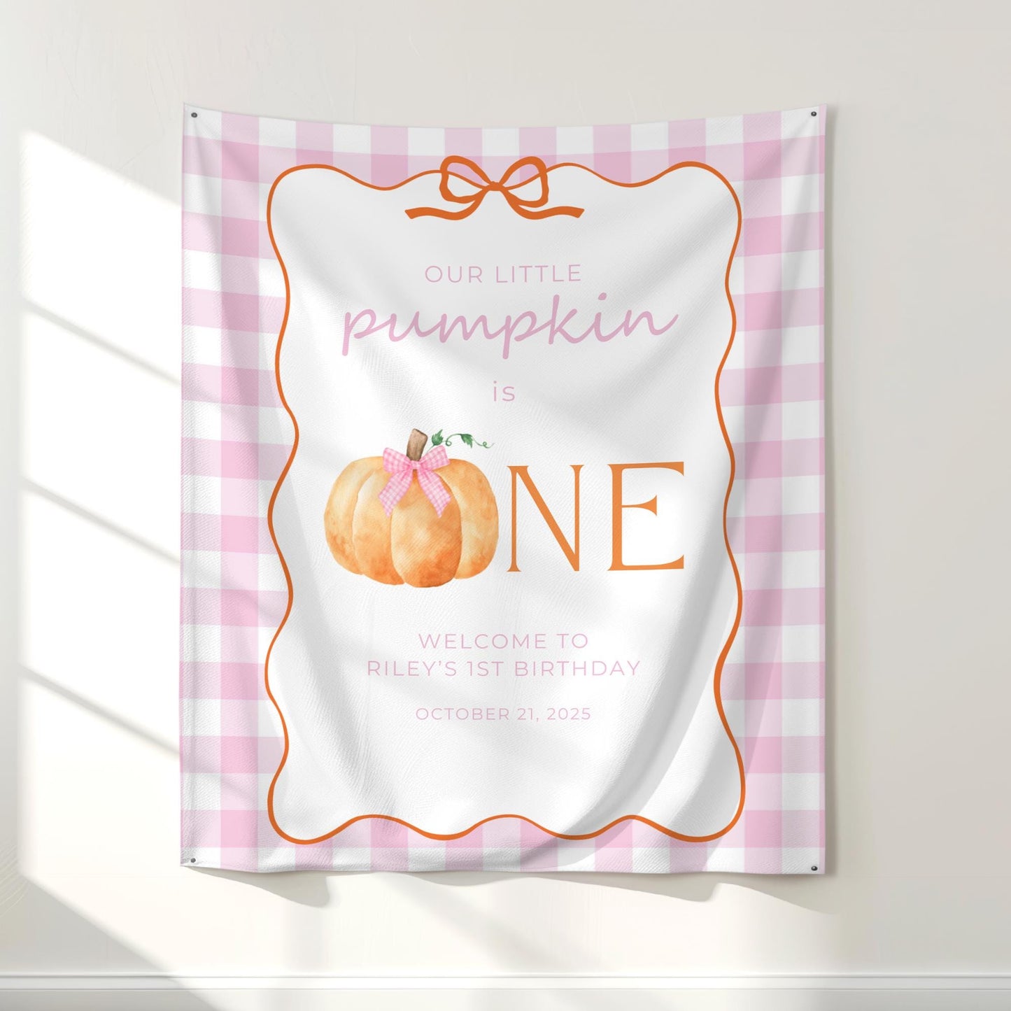 Our Little Pumpkin is One Banner, Pink Gingham, Adorable First Birthday Decor