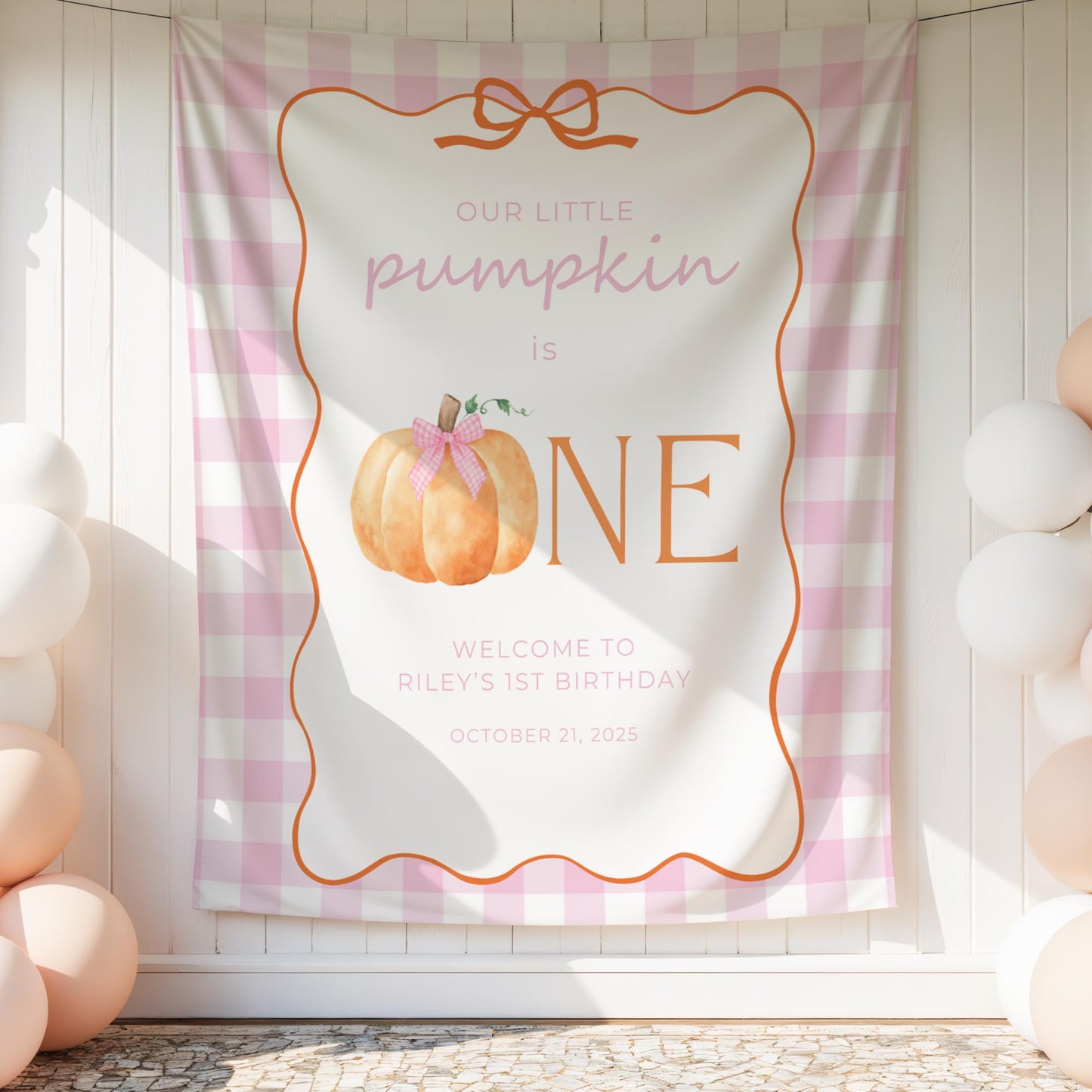Our Little Pumpkin is One Banner, Pink Gingham Birthday Decor, First Birthday Party