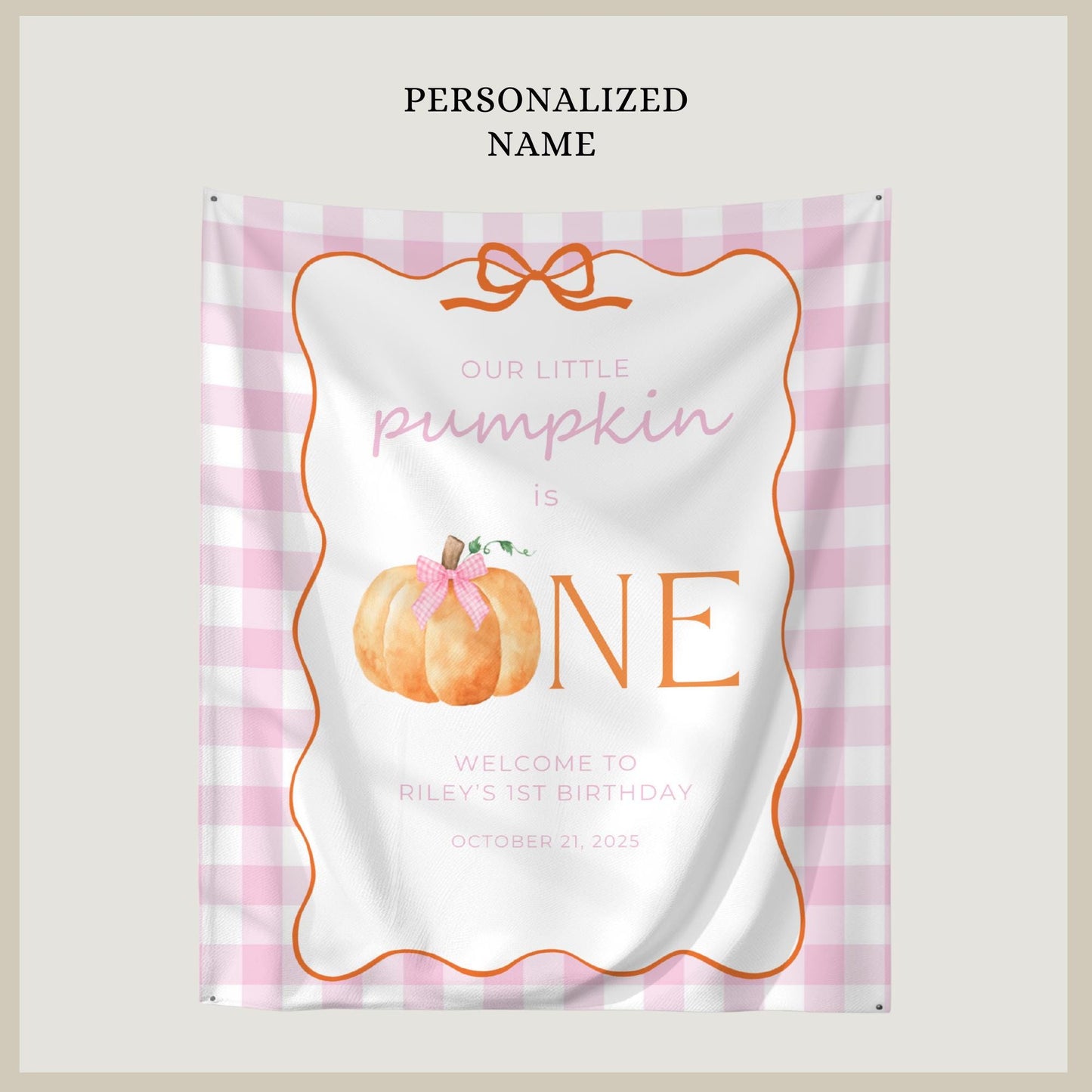 Our Little Pumpkin is One Banner, Pink Gingham, First Birthday Celebration Decoration