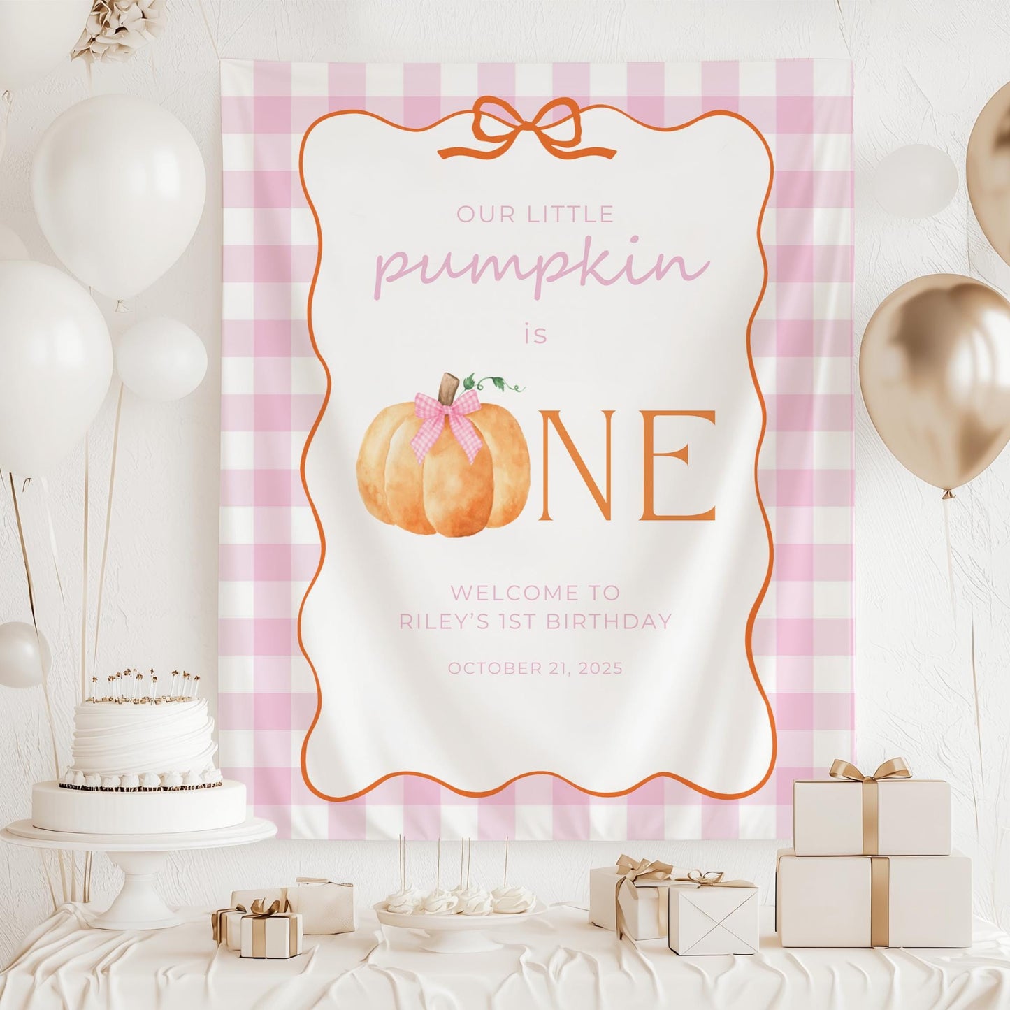 Our little pumpkin is One Banner Birthday Personalized Welcome Sign Girl 1st Birthday Autumn Party Decor Photo Backdrop Pink Gingham Bow