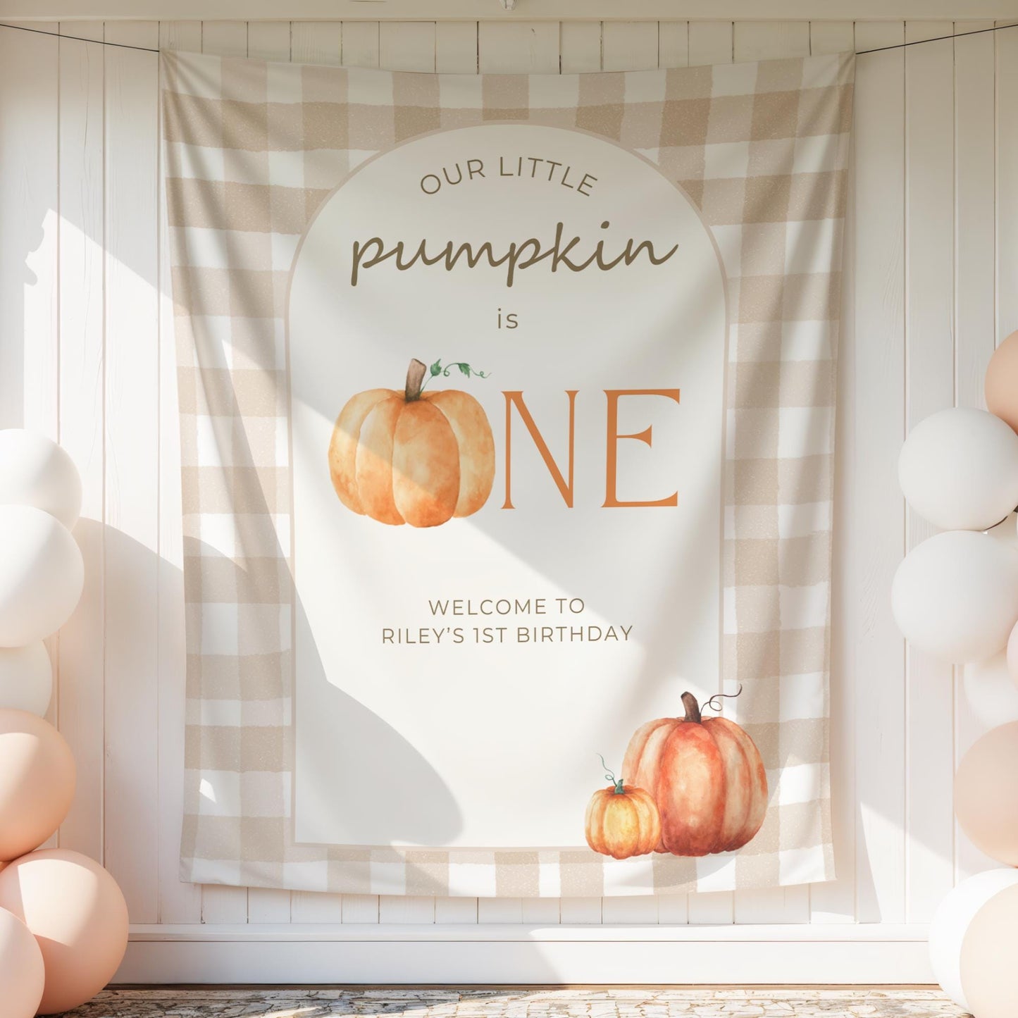 Our little pumpkin is One Banner Birthday Personalized Welcome Sign Gender neutral 1st Birthday Autumn Party Decor Photo Backdrop Gingham