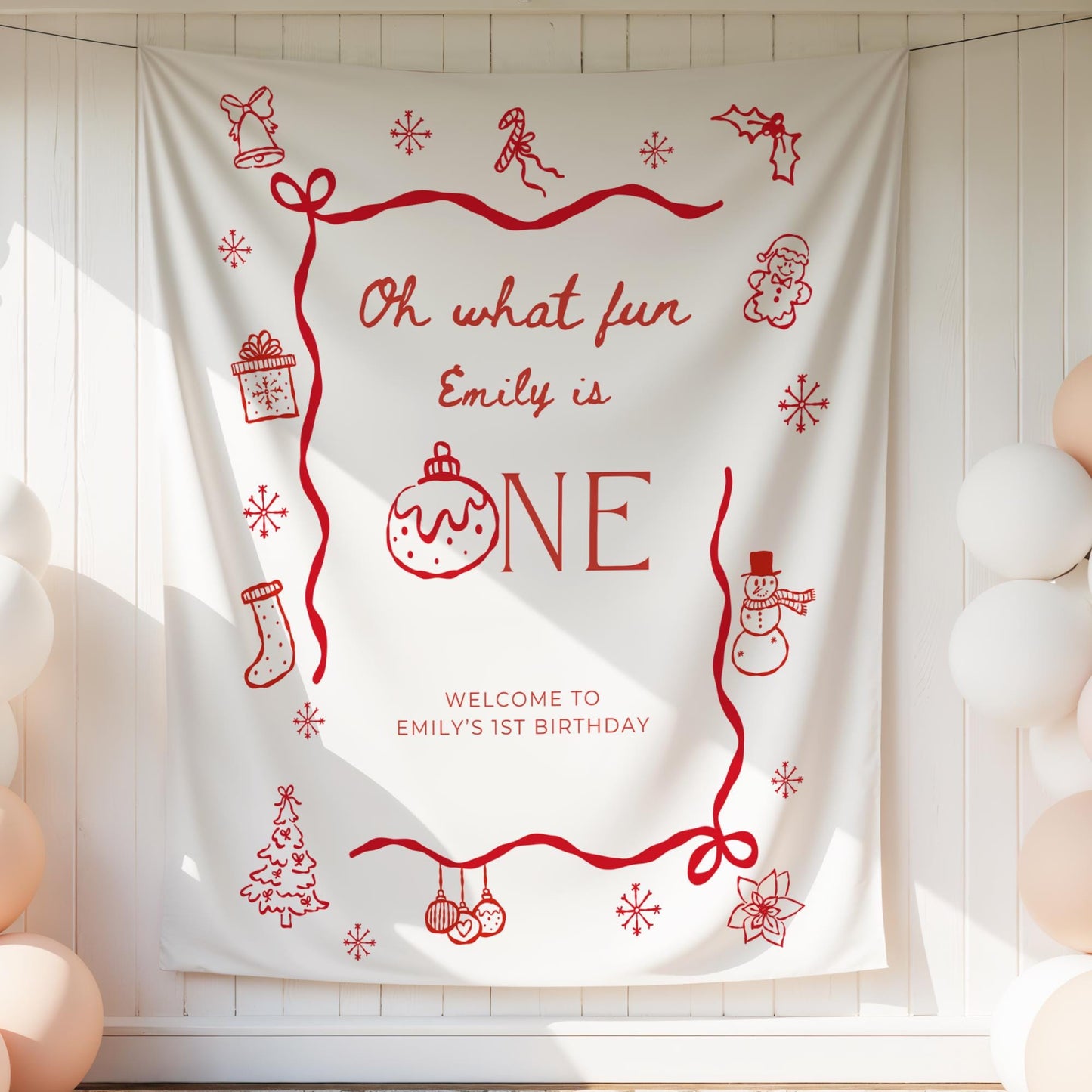 Christmas First Birthday Banner Oh What Fun it is to be One Welcome Sign Whimsical 1st Birthday Decor Coquette Bow Holiday Party Hand Drawn