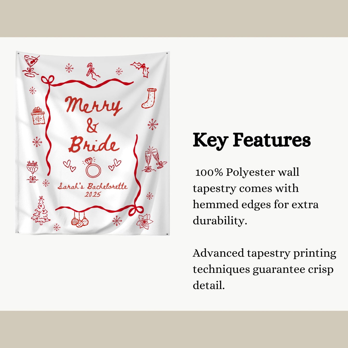 Merry and Bride Bachelorette Banner, Holiday Wedding Decor, Fun Bridal Shower Ideas, Party Celebration Supplies