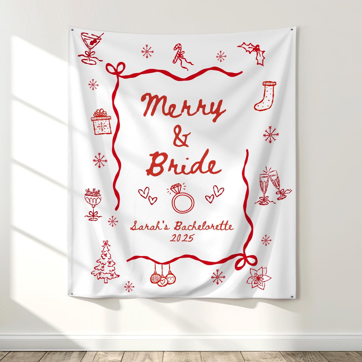 Merry and Bride Bachelorette Banner, Holiday Party Decor, Bridal Shower Ideas, Wedding Celebration Supplies