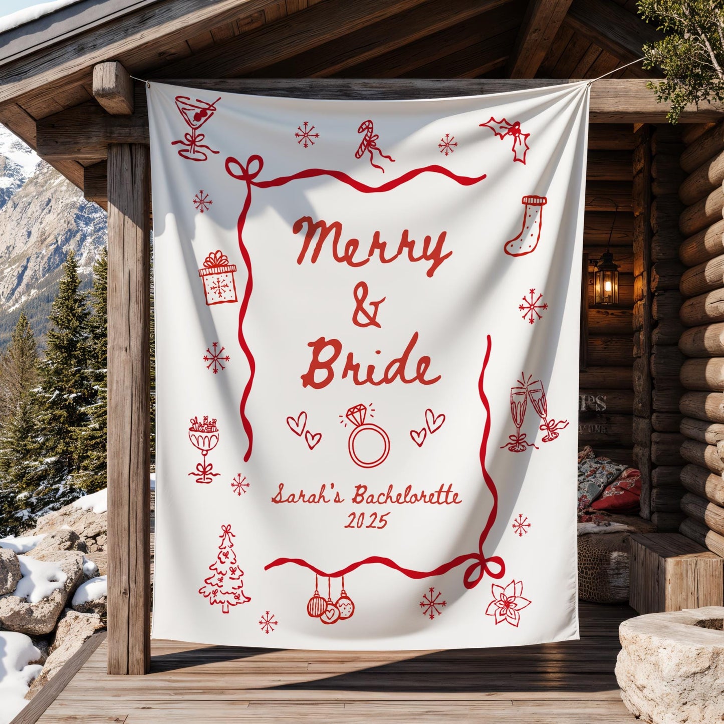 Custom Christmas Bachelorette Party Banner Decor Personalized Christmas Bridal Shower Welcome Sign Tapestry Merry And Bride Photo Backdrop
