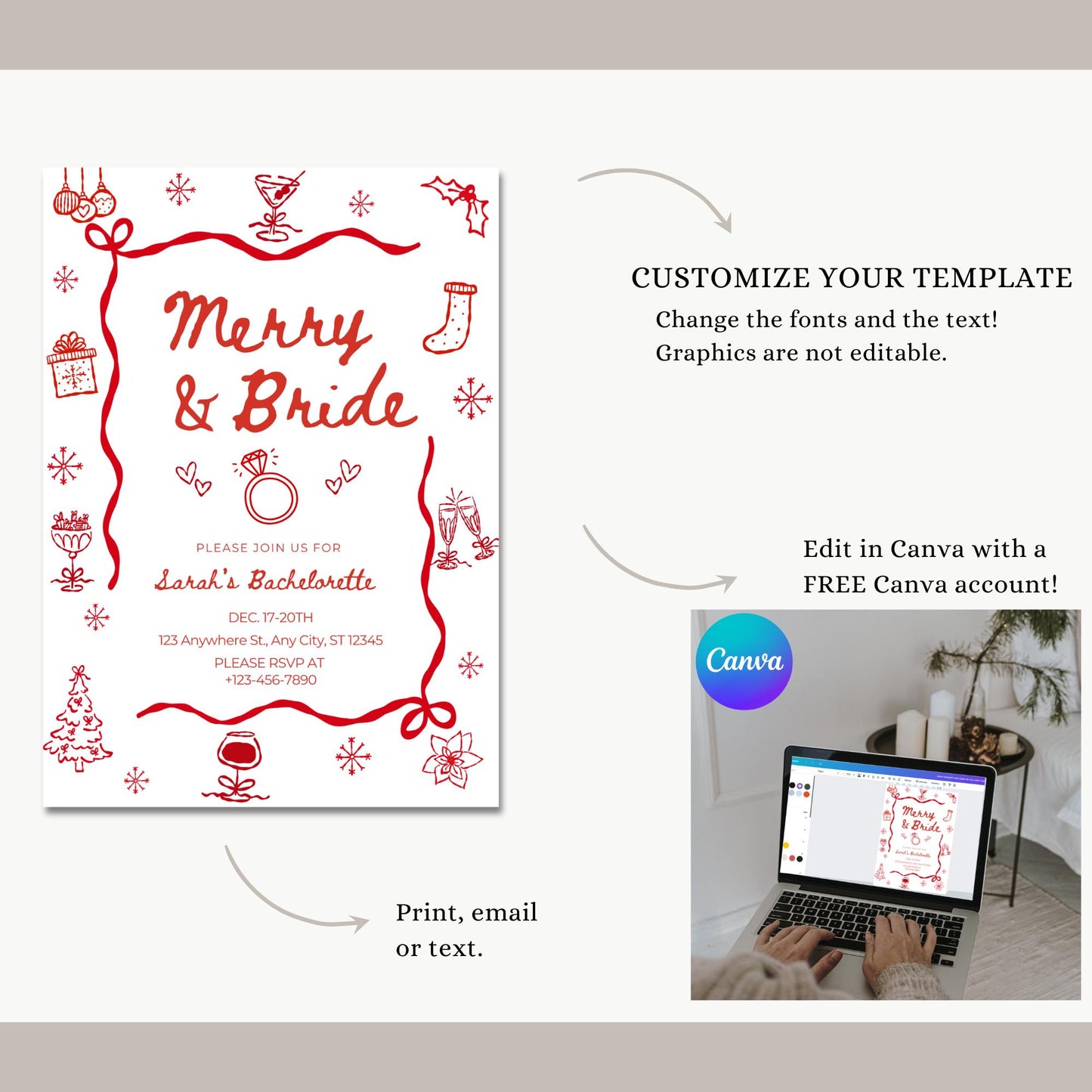 Merry and Bride Bachelorette Invitation Template Editable Christmas Bridal Shower Invite Christmas Party Itinerary Christmas Party Ideas