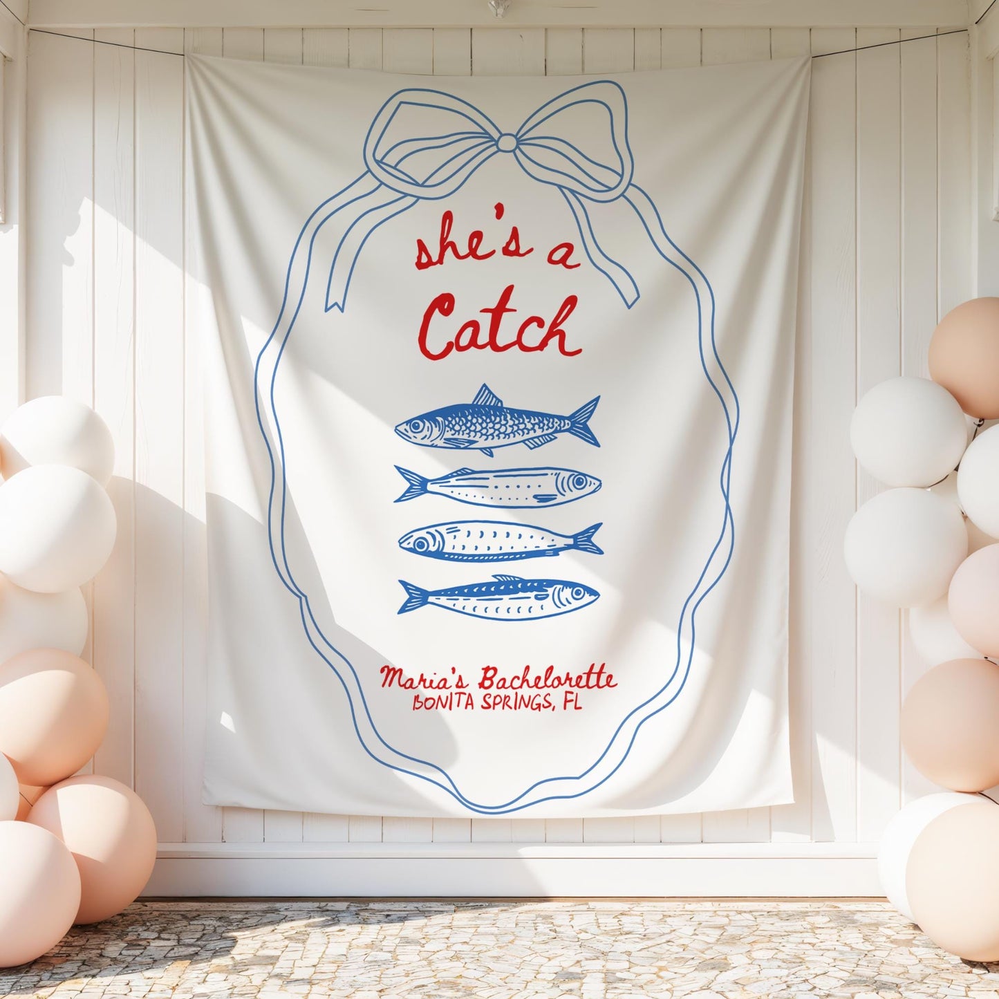 She's a Catch Bachelorette Banner Custom Fishing Theme Bachelorette Decor East Coast Bridal Shower Photo Backdrop Coastal Bachelorette Sign