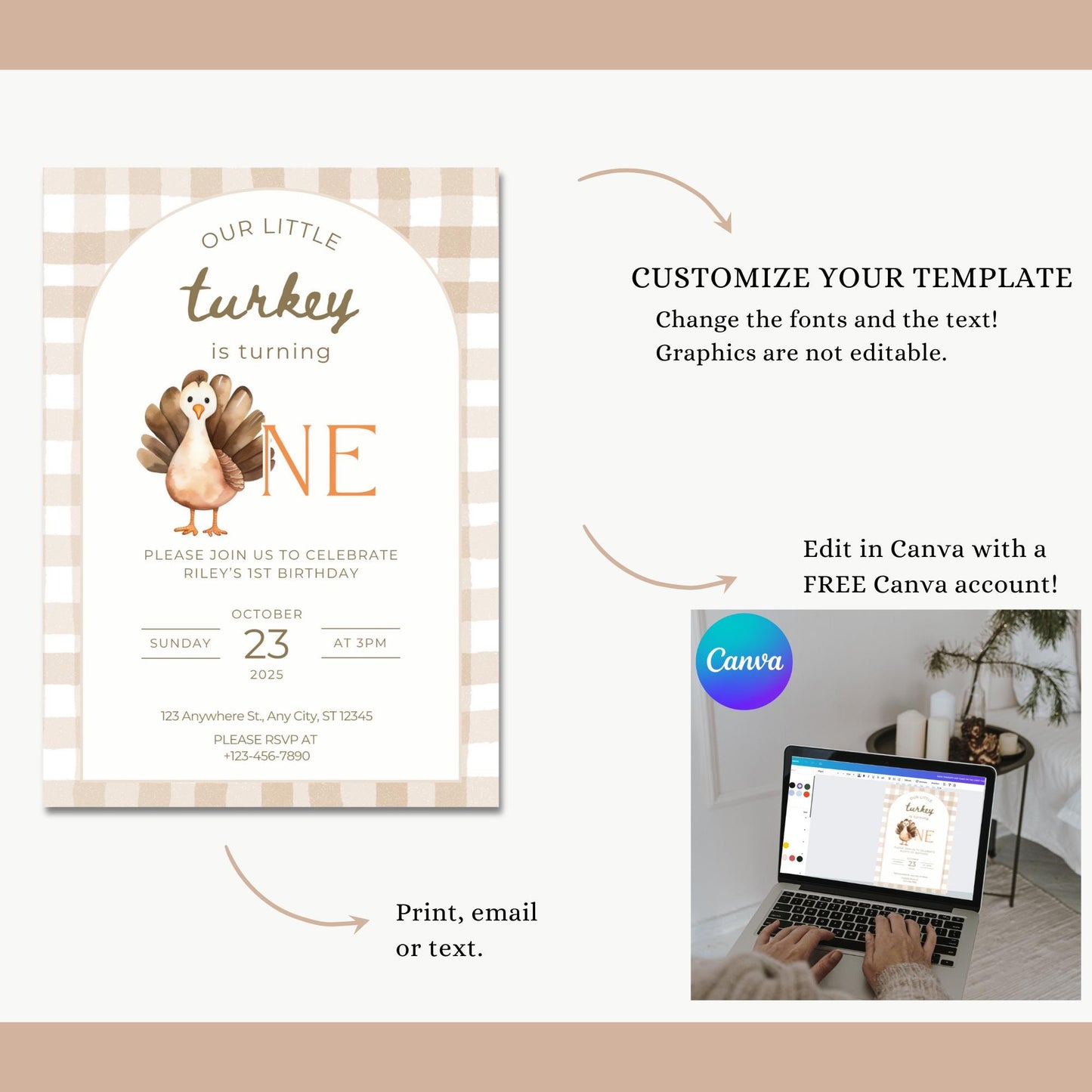 Our Little Turkey Is Turning One Birthday Invitation Thanksgiving theme Birthday invite Turkey 1st Birthday Fall First Birthday Evite