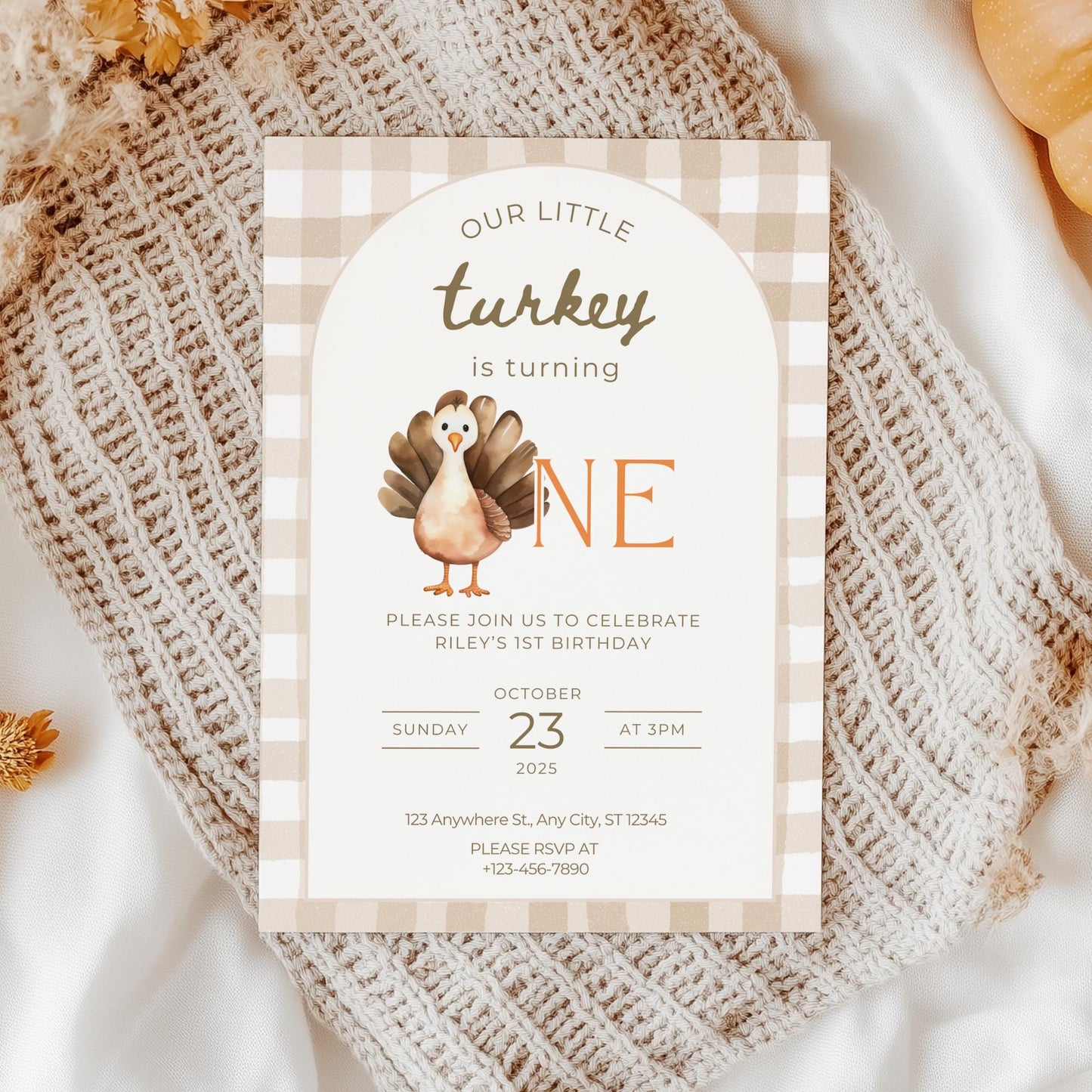 Our Little Turkey Is Turning One Birthday Invitation Thanksgiving theme Birthday invite Turkey 1st Birthday Fall First Birthday Evite
