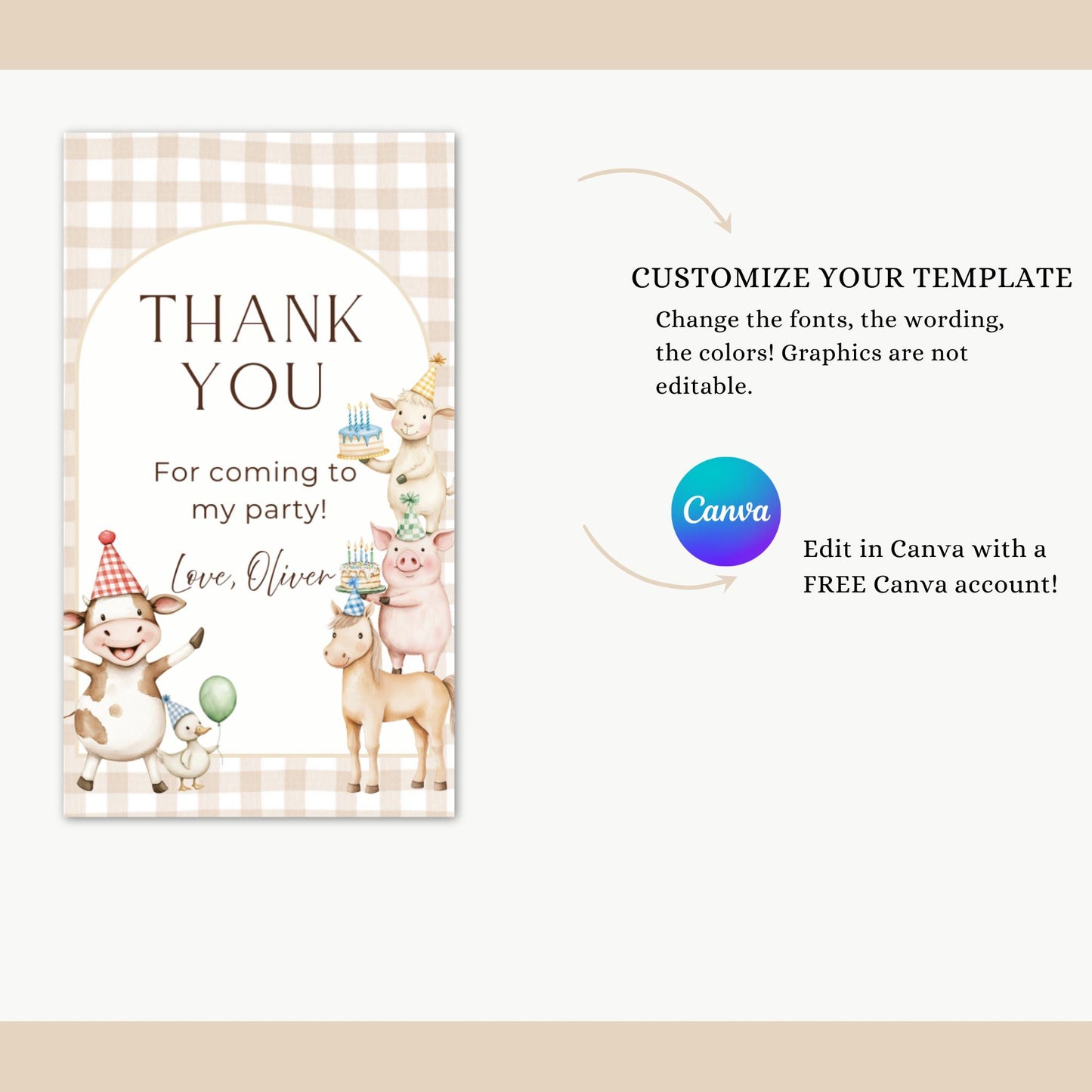 Farm Animal Birthday Thank You Tag Editable Barnyard Favor Tag Printable Party Supplies Instant Download Farm Birthday Party Gift Tag