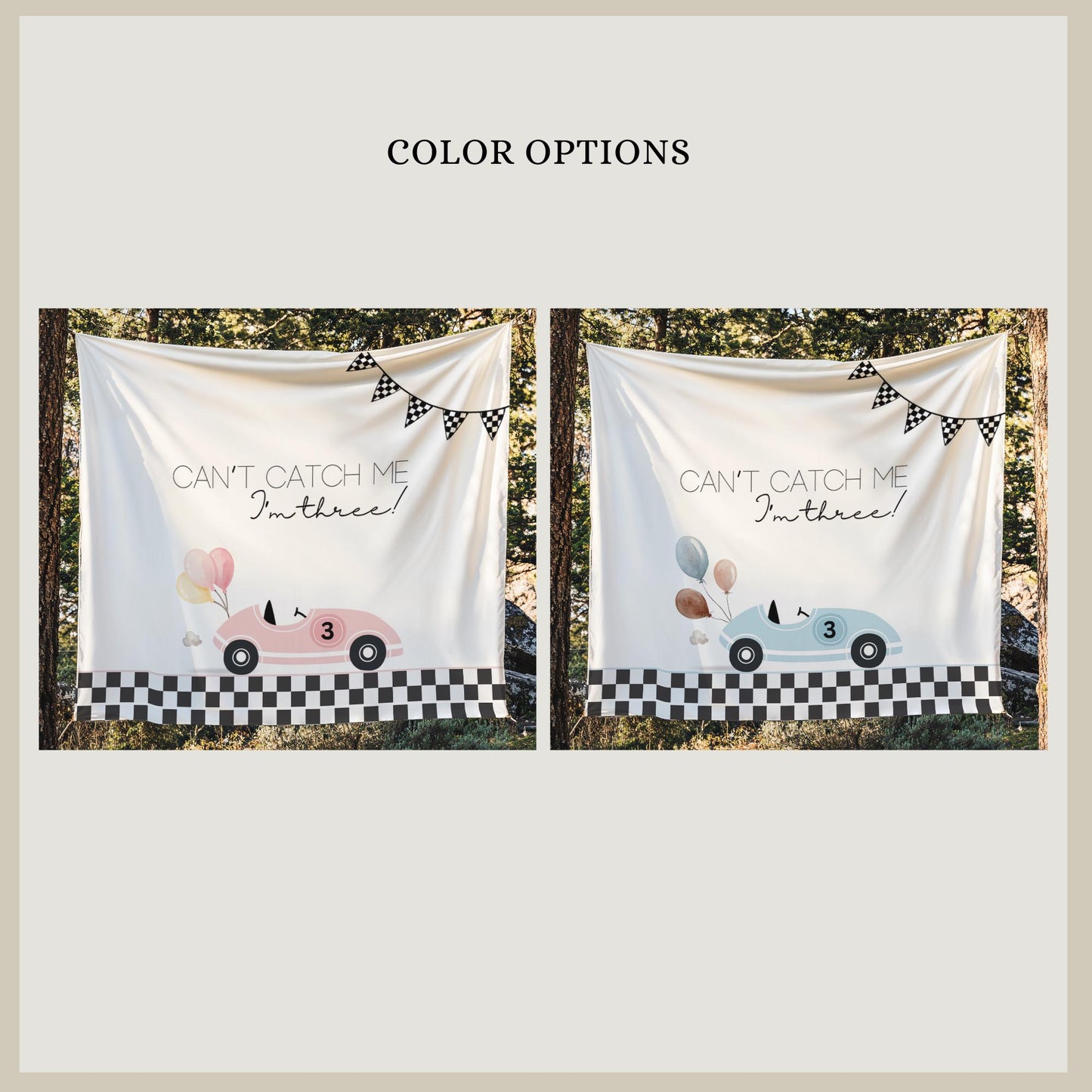 Racecar 3rd Birthday Personalized Banner Girl Can't catch me I'm Three Party Decor Photo Backdrop Racing Custom Banner Race Track