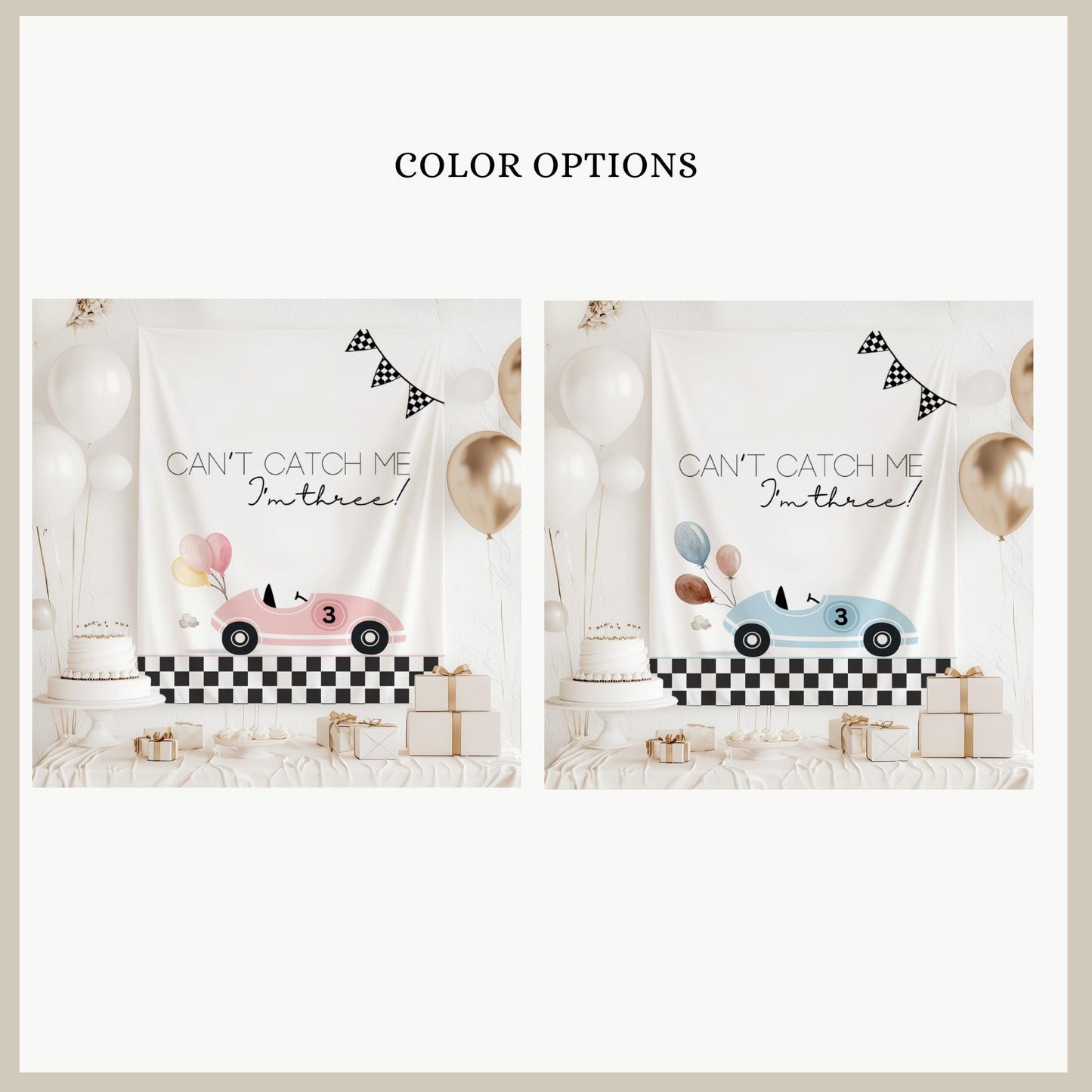 Racecar 3rd Birthday Personalized Banner Girl Can't catch me I'm Three Party Decor Photo Backdrop Racing Custom Banner Race Track
