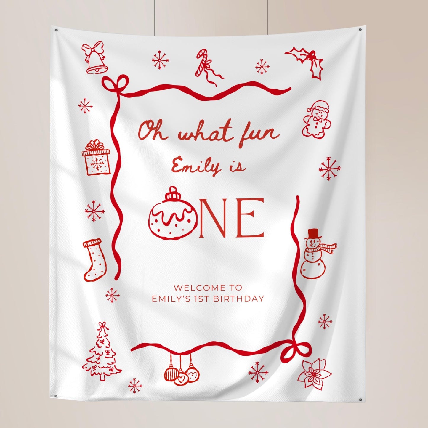 Christmas First Birthday Banner Oh What Fun it is to be One Welcome Sign Whimsical 1st Birthday Decor Coquette Bow Holiday Party Hand Drawn