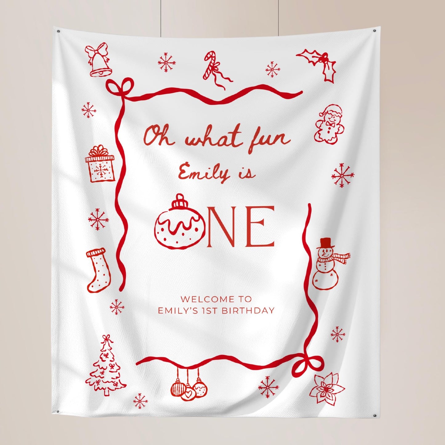 Christmas First Birthday Banner Oh What Fun it is to be One Welcome Sign Whimsical 1st Birthday Decor Coquette Bow Holiday Party Hand Drawn
