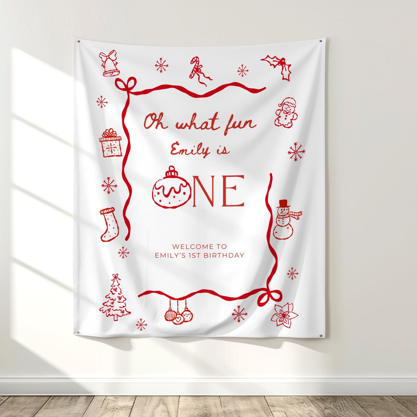 Christmas First Birthday Banner Oh What Fun it is to be One Welcome Sign Whimsical 1st Birthday Decor Coquette Bow Holiday Party Hand Drawn