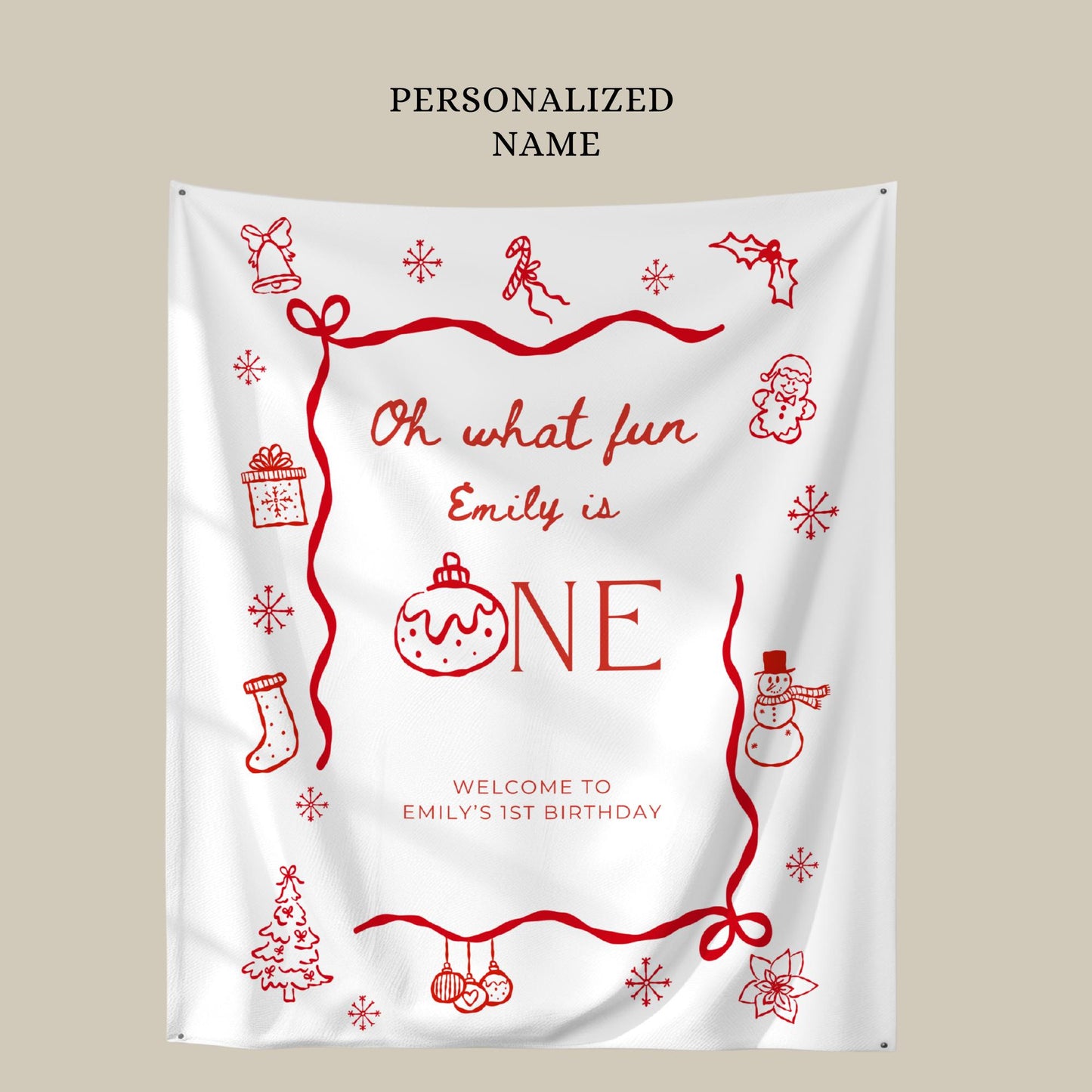 Christmas First Birthday Banner Oh What Fun it is to be One Welcome Sign Whimsical 1st Birthday Decor Coquette Bow Holiday Party Hand Drawn