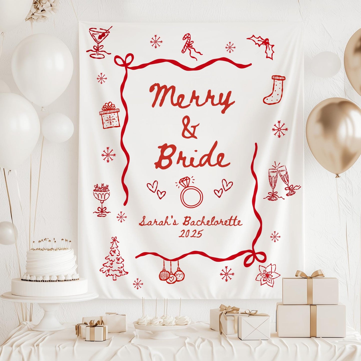 Merry and Bride Bachelorette Banner, Christmas Party Ideas, Bridal Shower Decorations, Wedding Celebration Decor