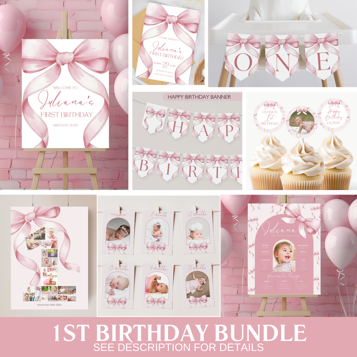 Pink Bow First Birthday Bundle