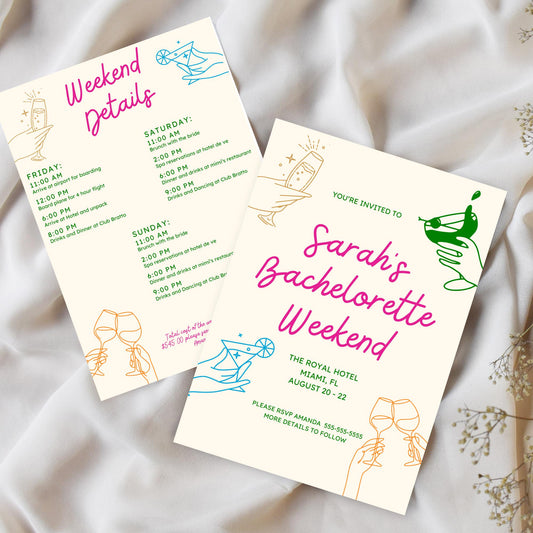 Colorful Bachelorette Party Invitation Cocktail Bachelorette Printable Bridal Party Itinerary intvite Hen's party template editable in canva