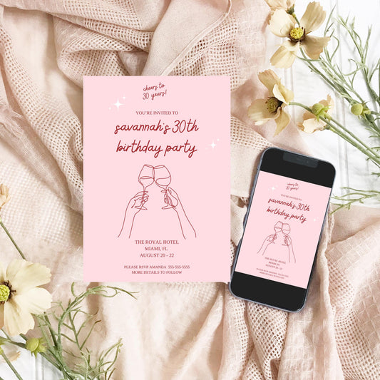 Cheers to 30 Years invitation Aesthetic Birthday invite Modern Birthday evite Template Pink Birthday Decor Wine Birthday 40th 50th 60th