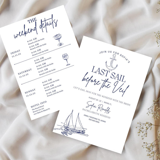 Last sail before the veil Bachelorette Party Invitation Coastal Bachelorette Printable Bridal Party Itinerary Games sailing Beach bach