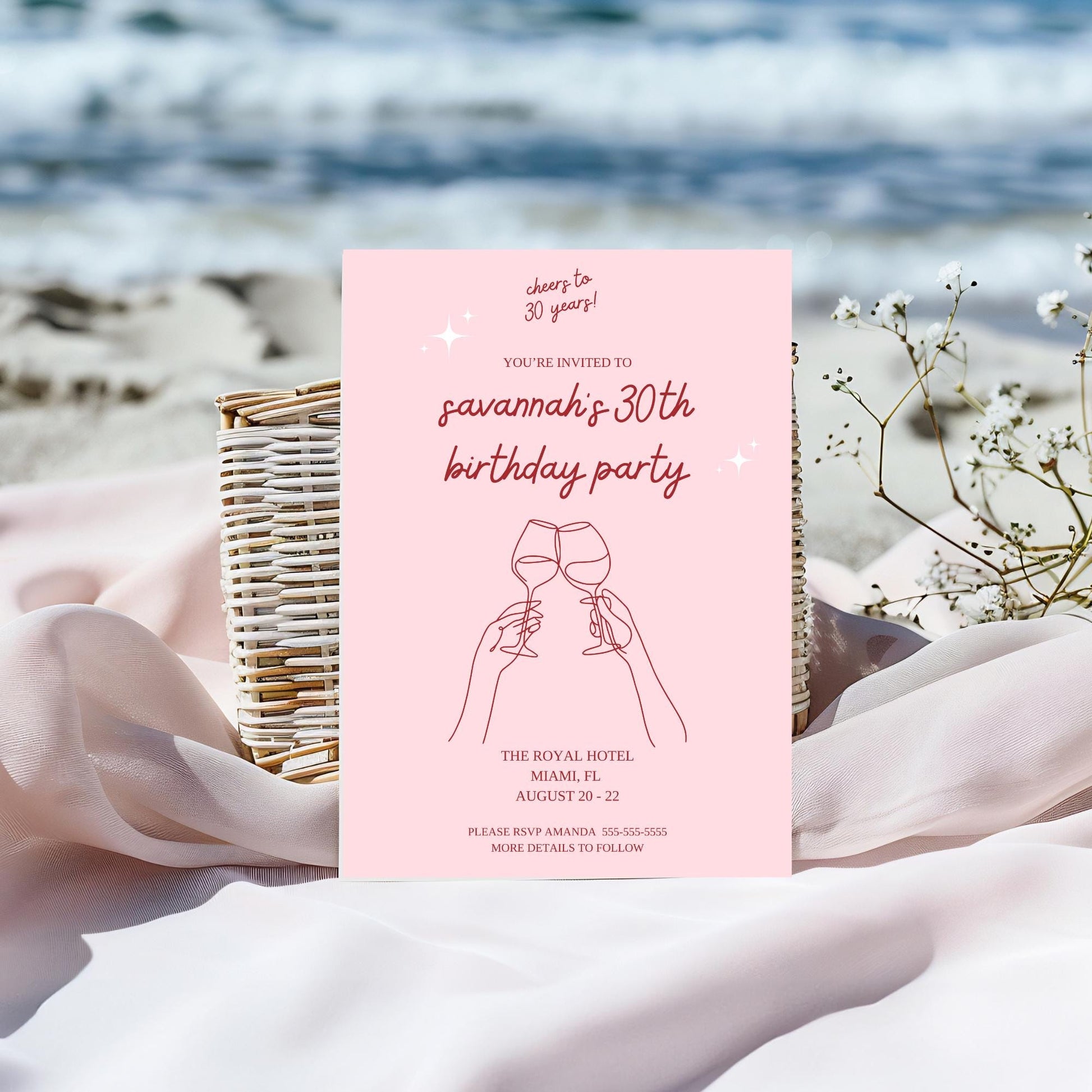 Cheers to 30 Years invitation Aesthetic Birthday invite Modern Birthday evite Template Pink Birthday Decor Wine Birthday 40th 50th 60th