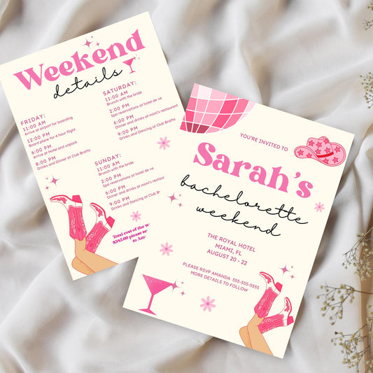 Disco Cowgirl Bach Printable Invitation Bachelorette Party Invite Bundle Bachelorette Weekend Hen party itinerary Hunt Lets go girls