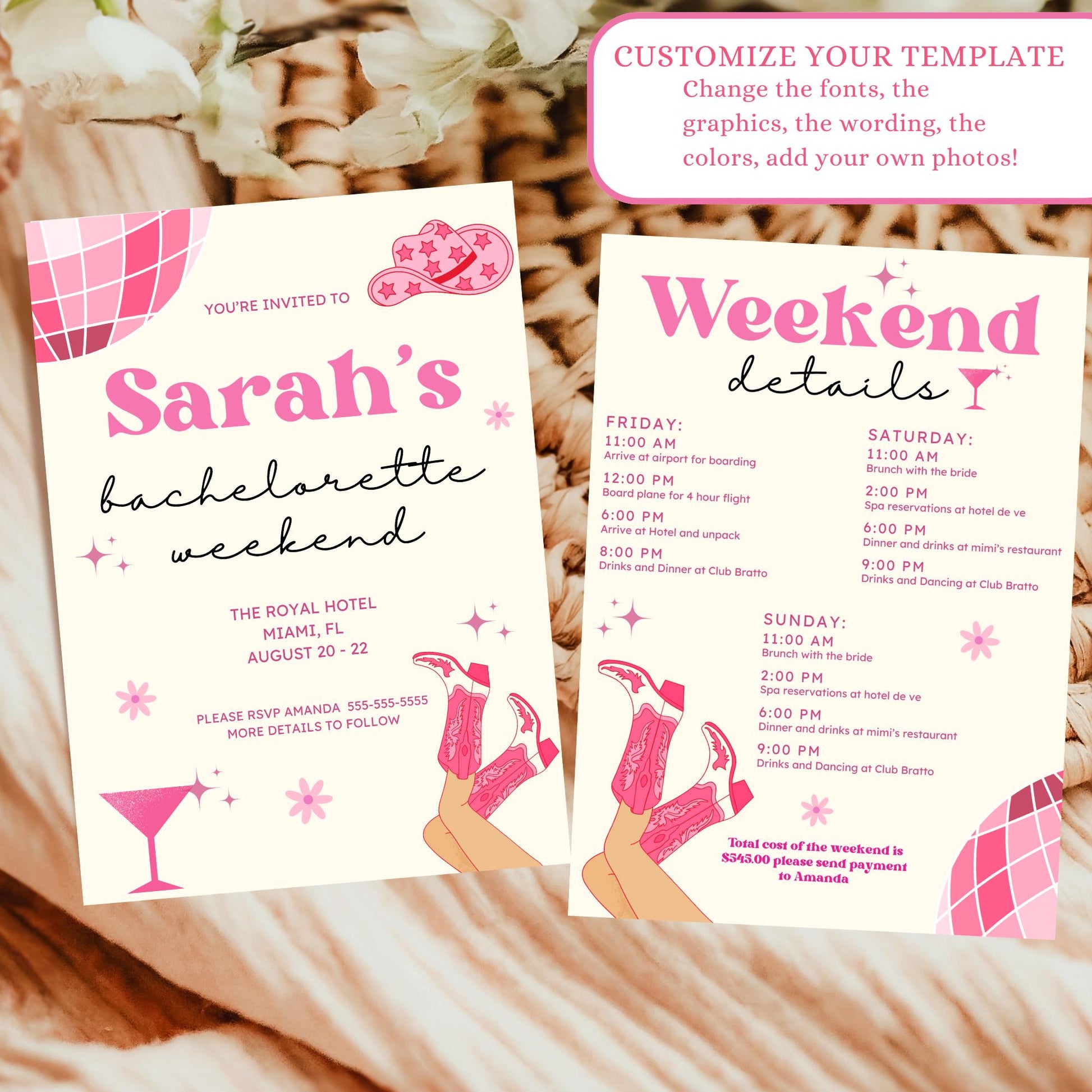 Disco Cowgirl Bach Printable Invitation Bachelorette Party Invite Bundle Bachelorette Weekend Hen party itinerary Hunt Lets go girls