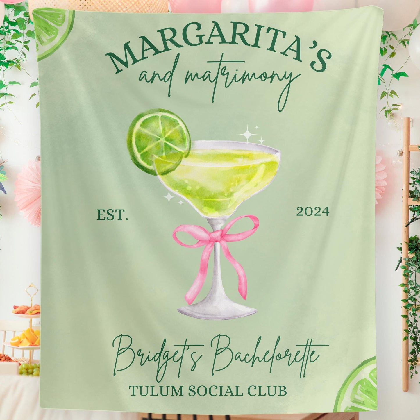 Margs and matrimony bachelorette Party Banner Custom wall tapestry Final Fiesta Hen do Sign Tulum bridal shower Margarita bach decorations