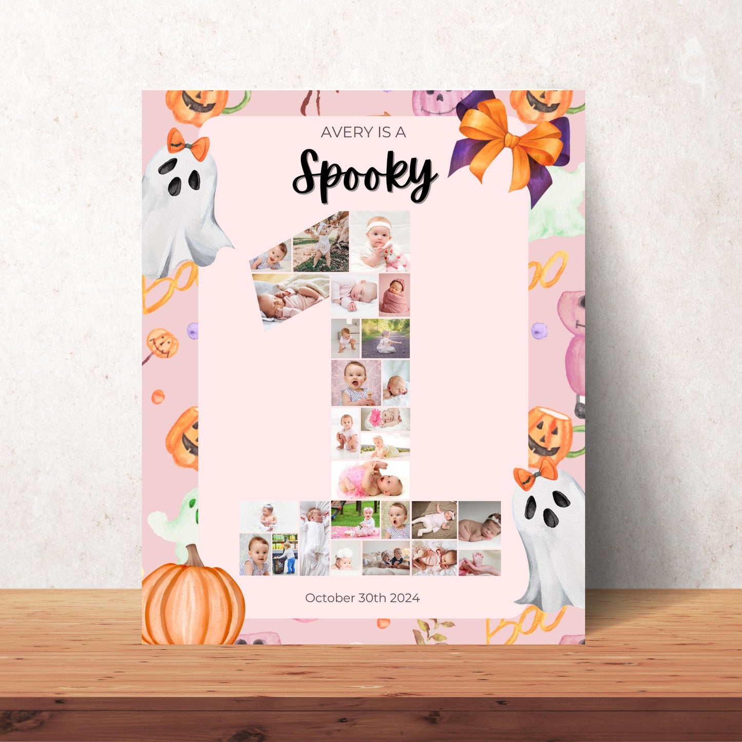 Editable Pink Halloween Ghost Monthly Banner Pink Ghost Spooky One Monthly Photo Banner Spooktacular Halloween Birthday Milestone photo sign