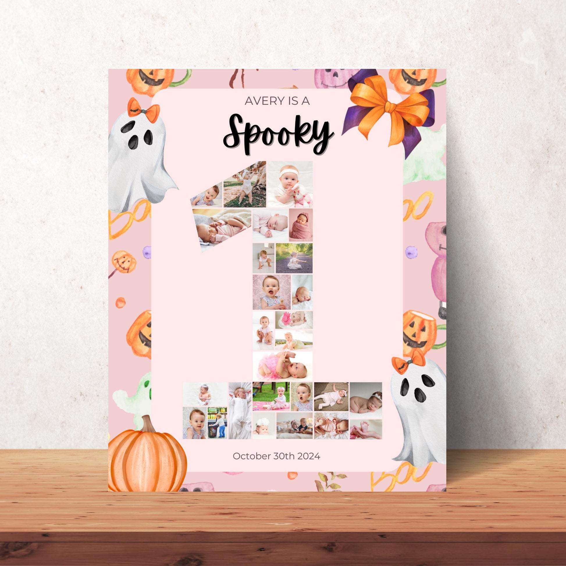 Editable Pink Halloween Ghost Monthly Banner Pink Ghost Spooky One Monthly Photo Banner Spooktacular Halloween Birthday Milestone photo sign