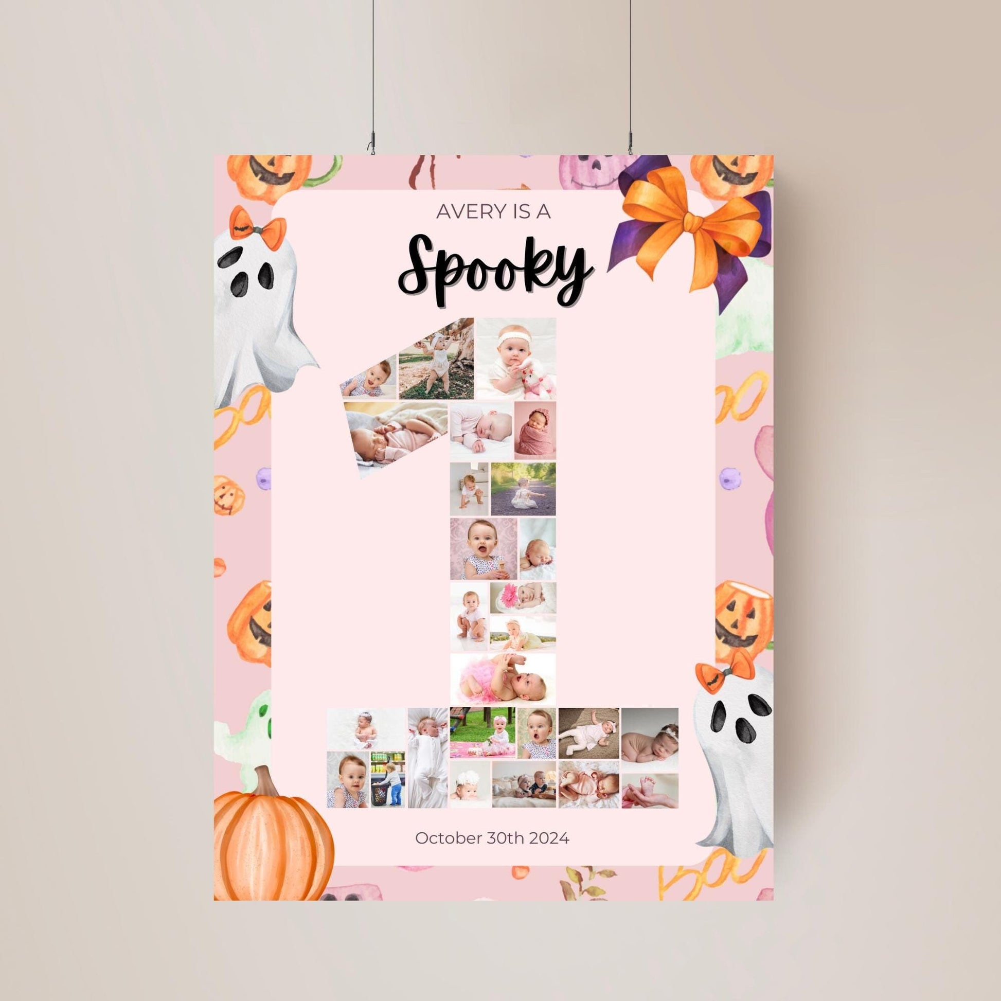 Editable Pink Halloween Ghost Monthly Banner Pink Ghost Spooky One Monthly Photo Banner Spooktacular Halloween Birthday Milestone photo sign