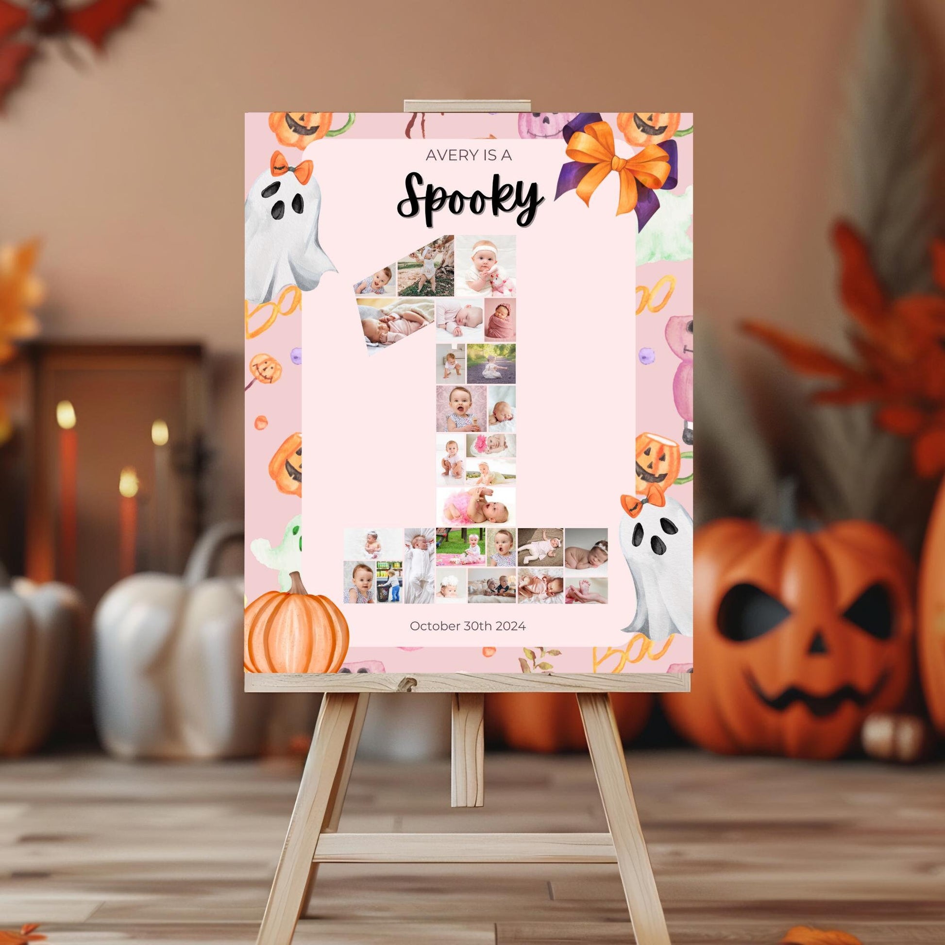 Editable Pink Halloween Ghost Monthly Banner Pink Ghost Spooky One Monthly Photo Banner Spooktacular Halloween Birthday Milestone photo sign