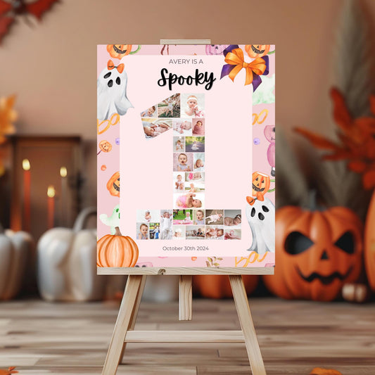 Editable Pink Halloween Ghost Monthly Banner Pink Ghost Spooky One Monthly Photo Banner Spooktacular Halloween Birthday Milestone photo sign