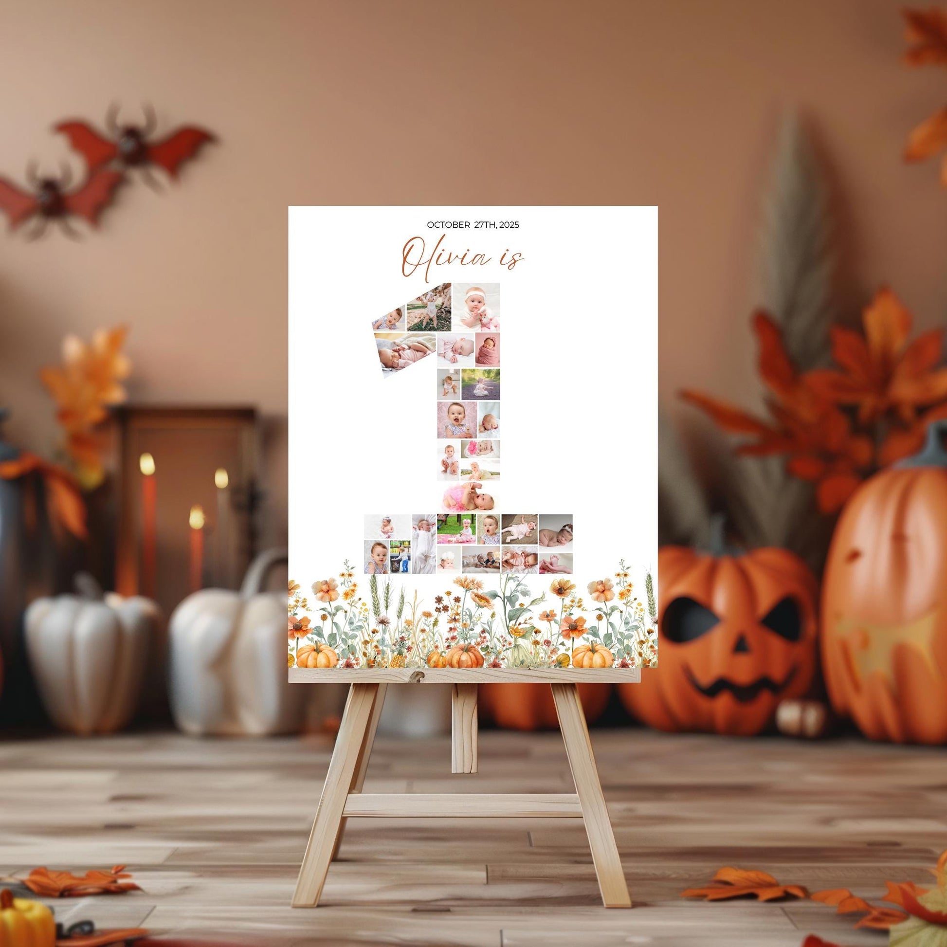 Pumpkin First Birthday Sign Photo Collage Editable Little Pumpkin is One Monthly Banner Fall Bday Monthly Photo Banner Milestone photo sign