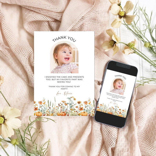 A Little Pumpkin Is Turning One Thank you card Little Pumpkin Birthday Pumpkin 1st Birthday Fall Birthday evite Girl Thanksgiving Party