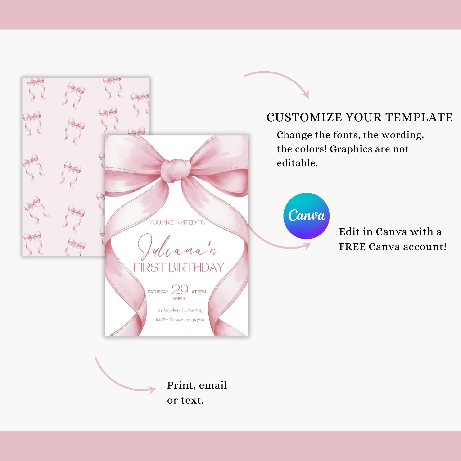 Pink Bow Birthday Invitation 1st Birthday Girls Just Wanna Be ONE First Birthday Invite Pink Bow Invitation Template Coquette Aesthetic