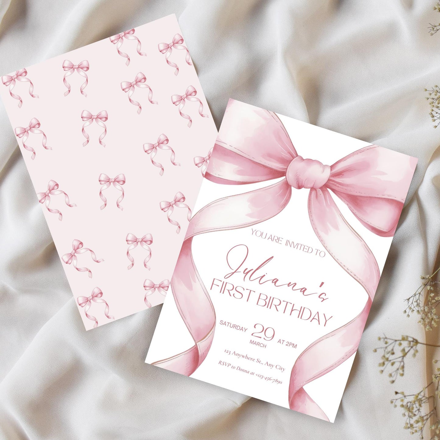 Editable Pink Bow Birthday Invitation, 1st Birthday, First Birthday Invite, Pink Bow Invitation Template, Girls Just Wanna Be ONE