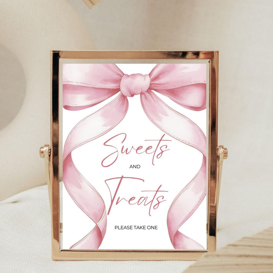 Pink Bow Sweets and Treats Birthday Sign Coquette Aesthetic Party Decor Girls just wanna be one Birthday Girls First bday Favor Table Sign