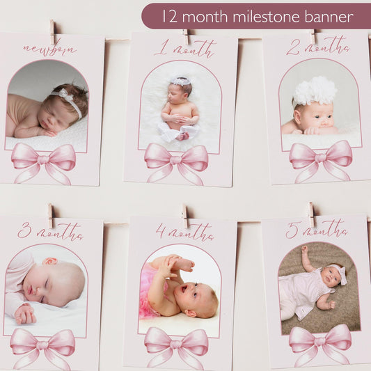 Pink Bow First Birthday Photo Banner Girl 1st Year Milestone Bunting Ribbon Monthly Photo Display 12 Month Garland Editable Template