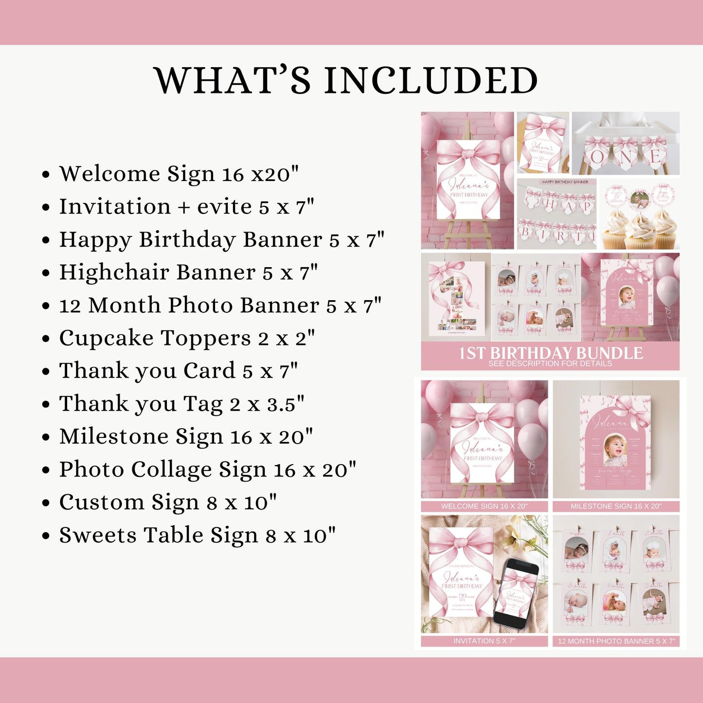 1st Birthday Pink Bow Birthday Bundle Girls Just Wanna Be One Invitation First Birthday Decor Coquette Girl Birthday Decorations Editable