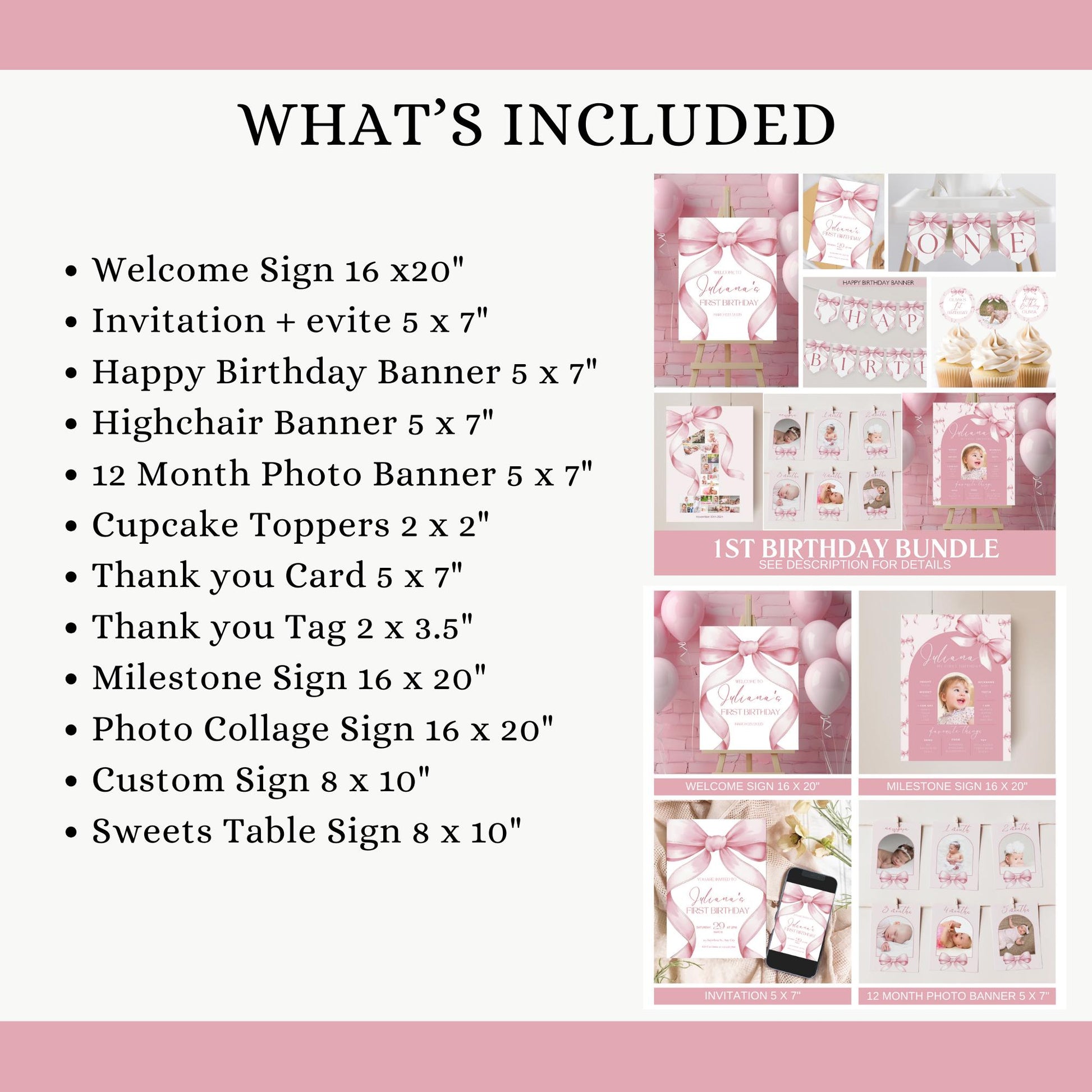 1st Birthday Pink Bow Birthday Bundle Girls Just Wanna Be One Invitation First Birthday Decor Coquette Girl Birthday Decorations Editable