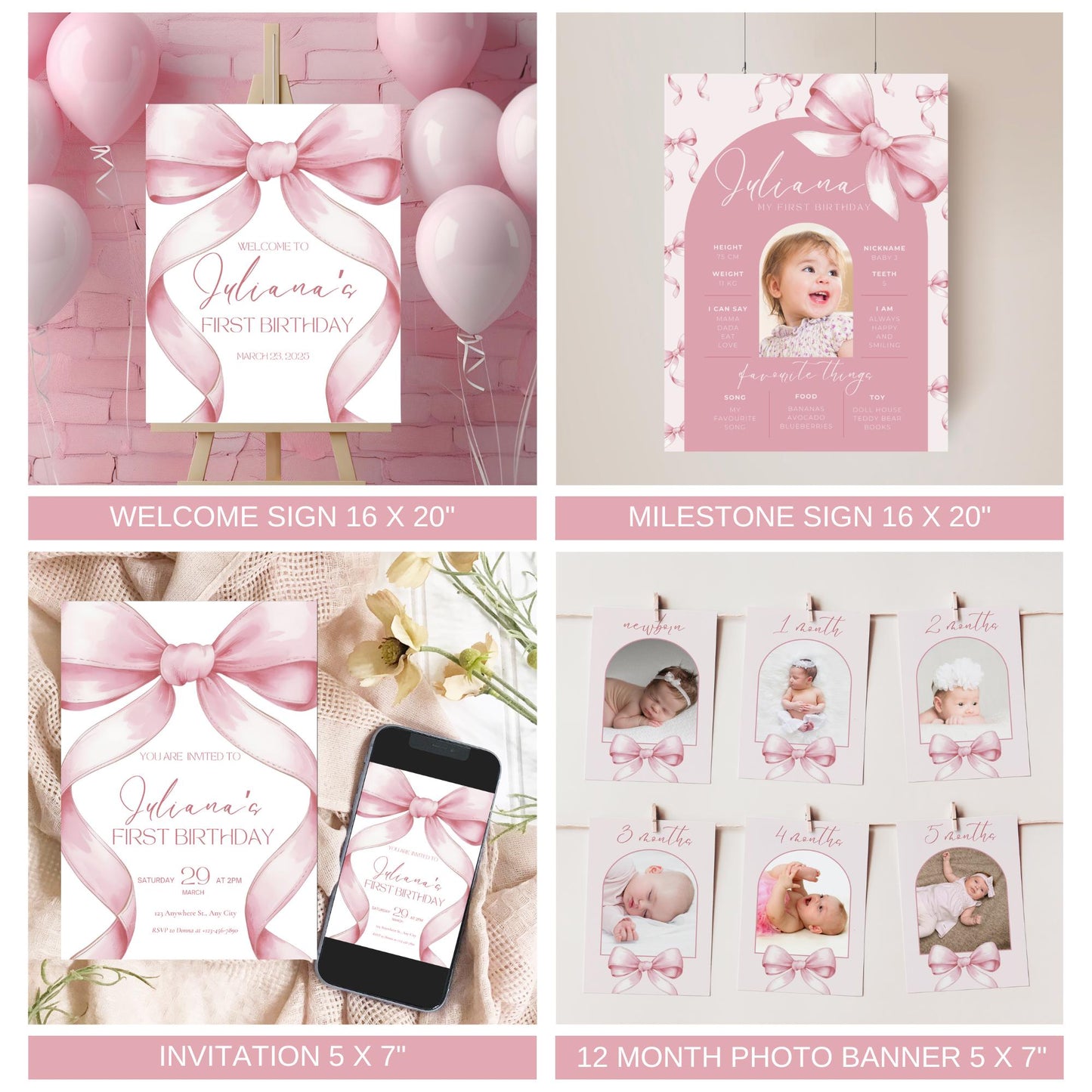1st Birthday Pink Bow Birthday Bundle Girls Just Wanna Be One Invitation First Birthday Decor Coquette Girl Birthday Decorations Editable