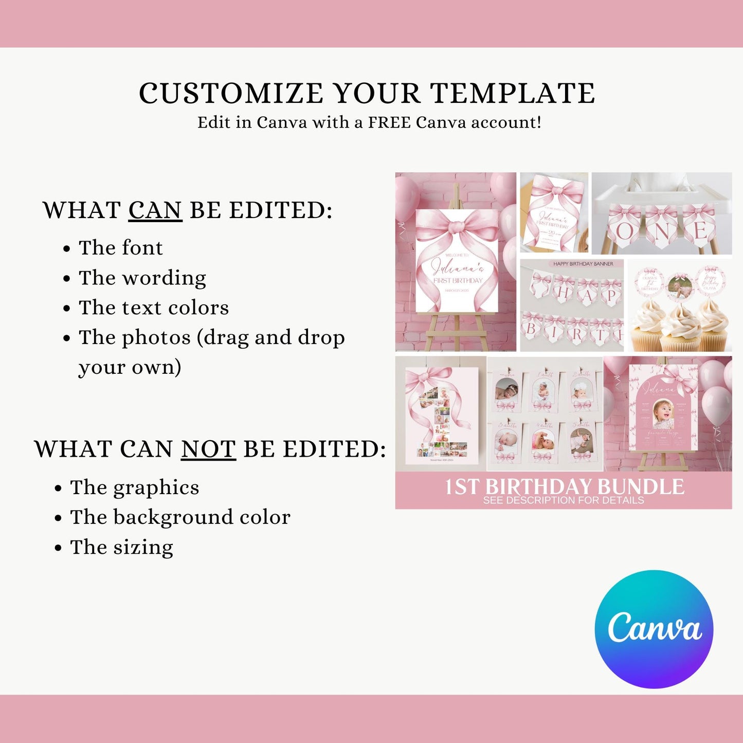 1st Birthday Pink Bow Birthday Bundle Girls Just Wanna Be One Invitation First Birthday Decor Coquette Girl Birthday Decorations Editable