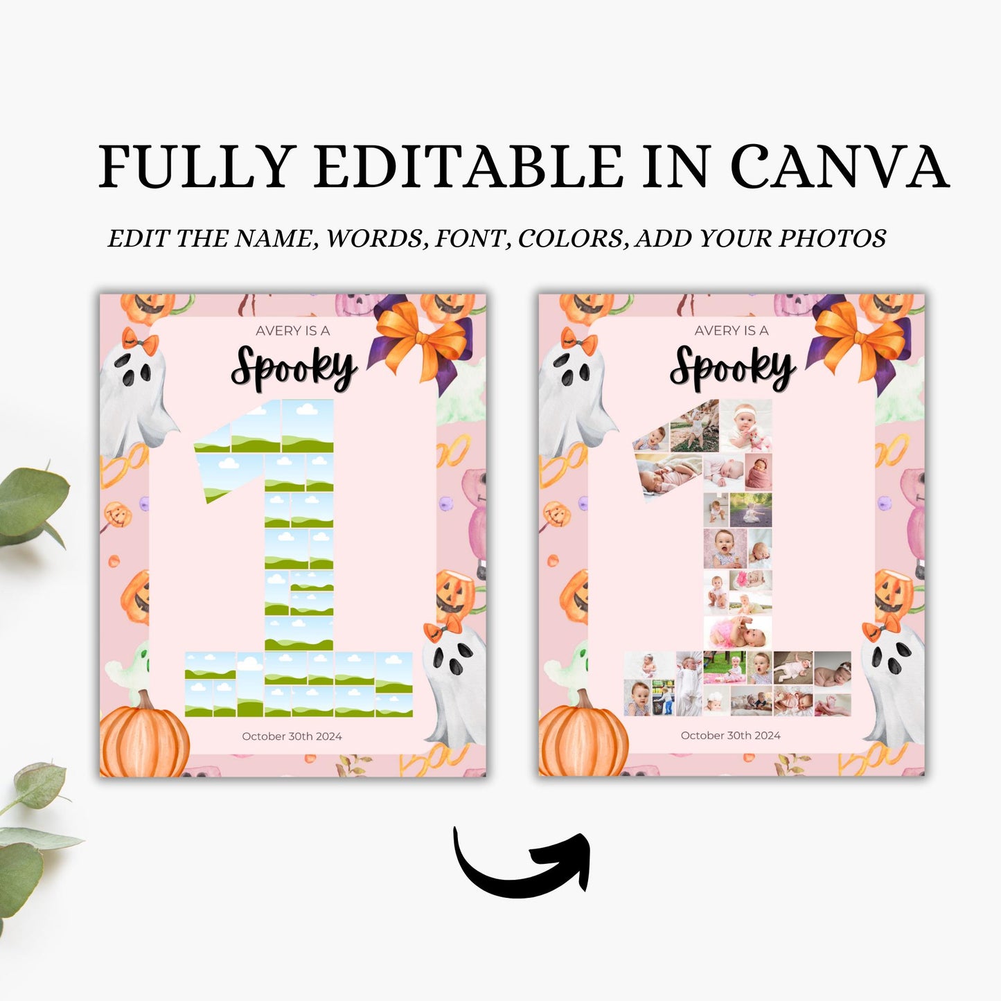 Editable Pink Halloween Ghost Monthly Banner Pink Ghost Spooky One Monthly Photo Banner Spooktacular Halloween Birthday Milestone photo sign