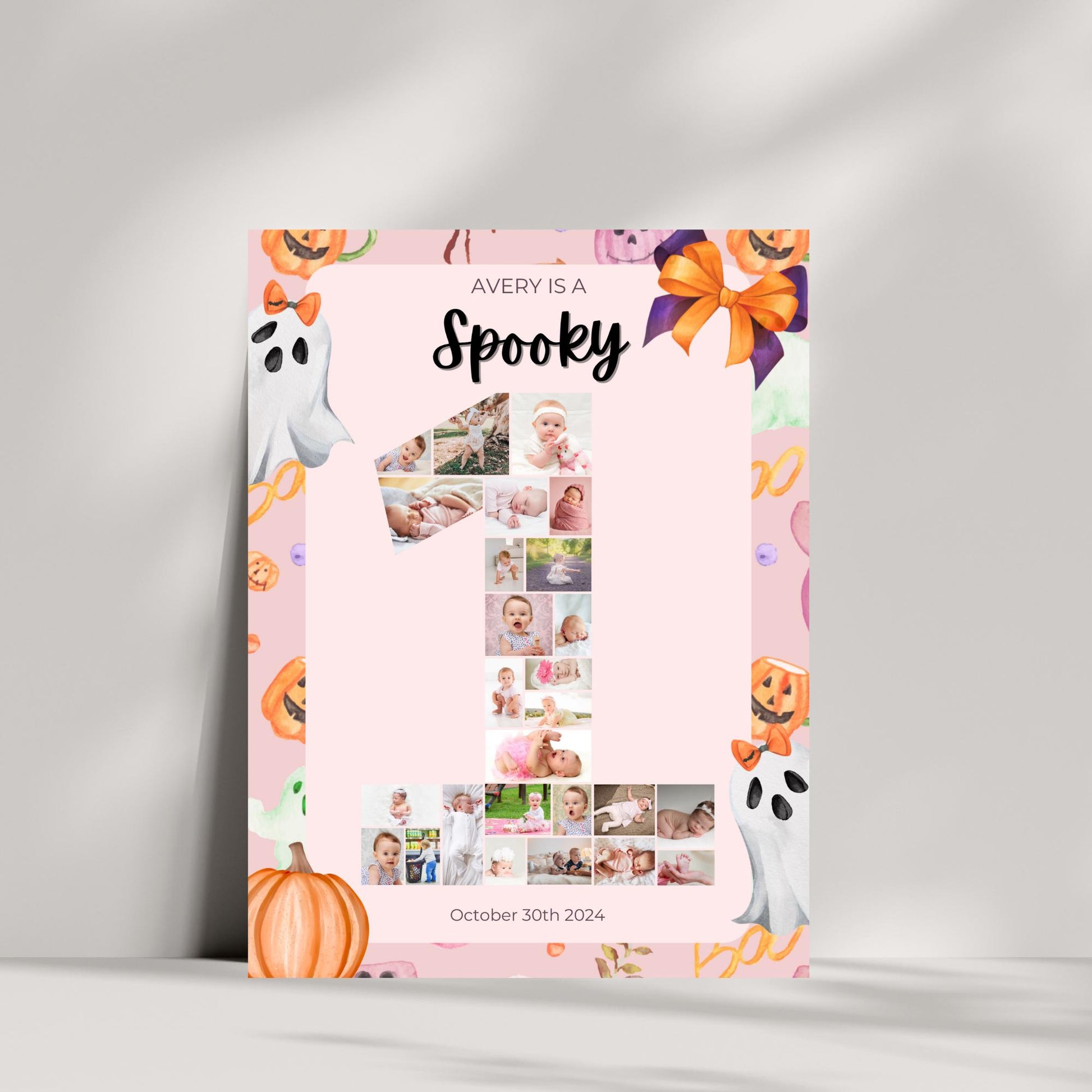 Editable Pink Halloween Ghost Monthly Banner Pink Ghost Spooky One Monthly Photo Banner Spooktacular Halloween Birthday Milestone photo sign