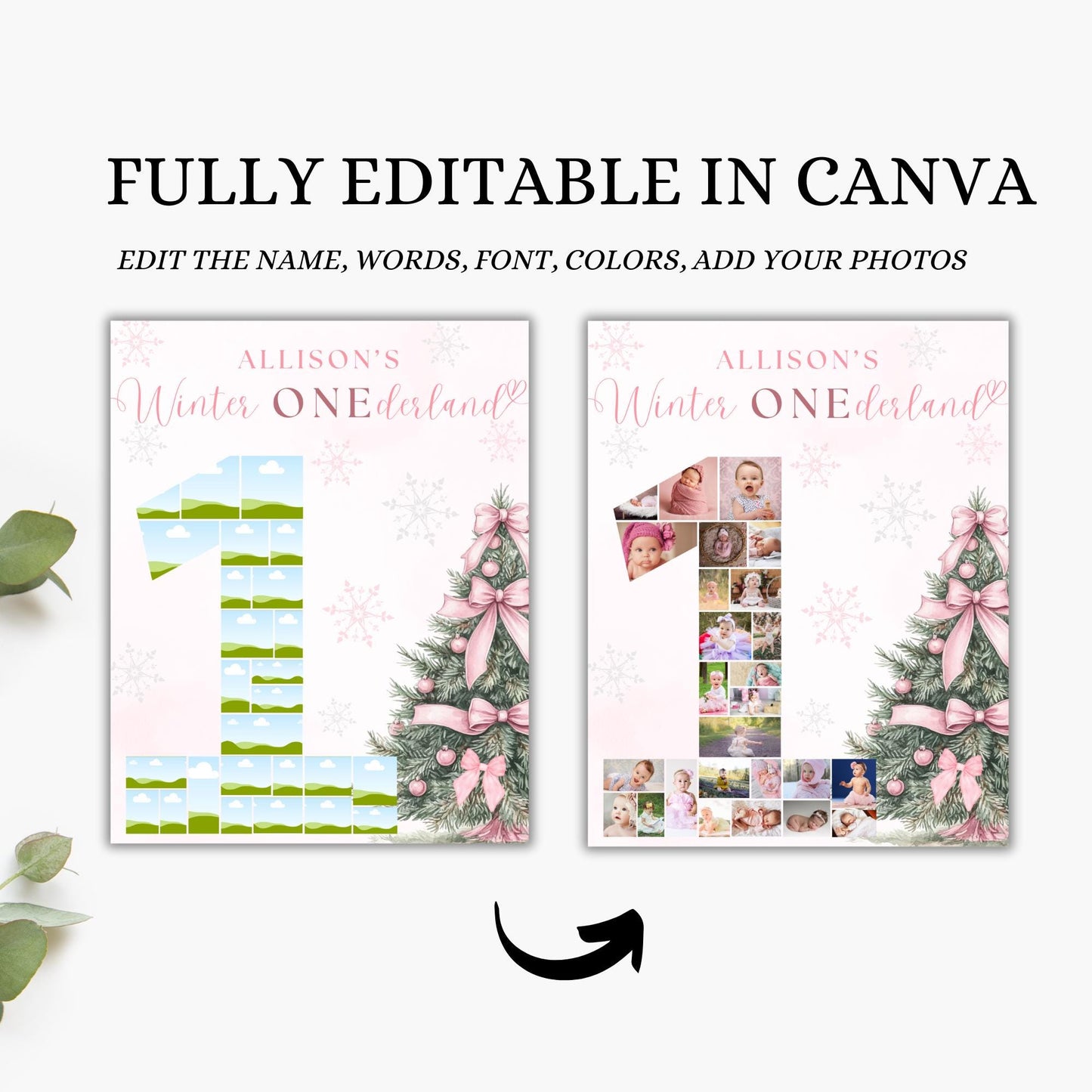 Winter ONEderland First Birthday Sign Photo Collage Editable Pink Christmas Girl 1st Birthday Monthly Photo Banner coquette Milestone sign