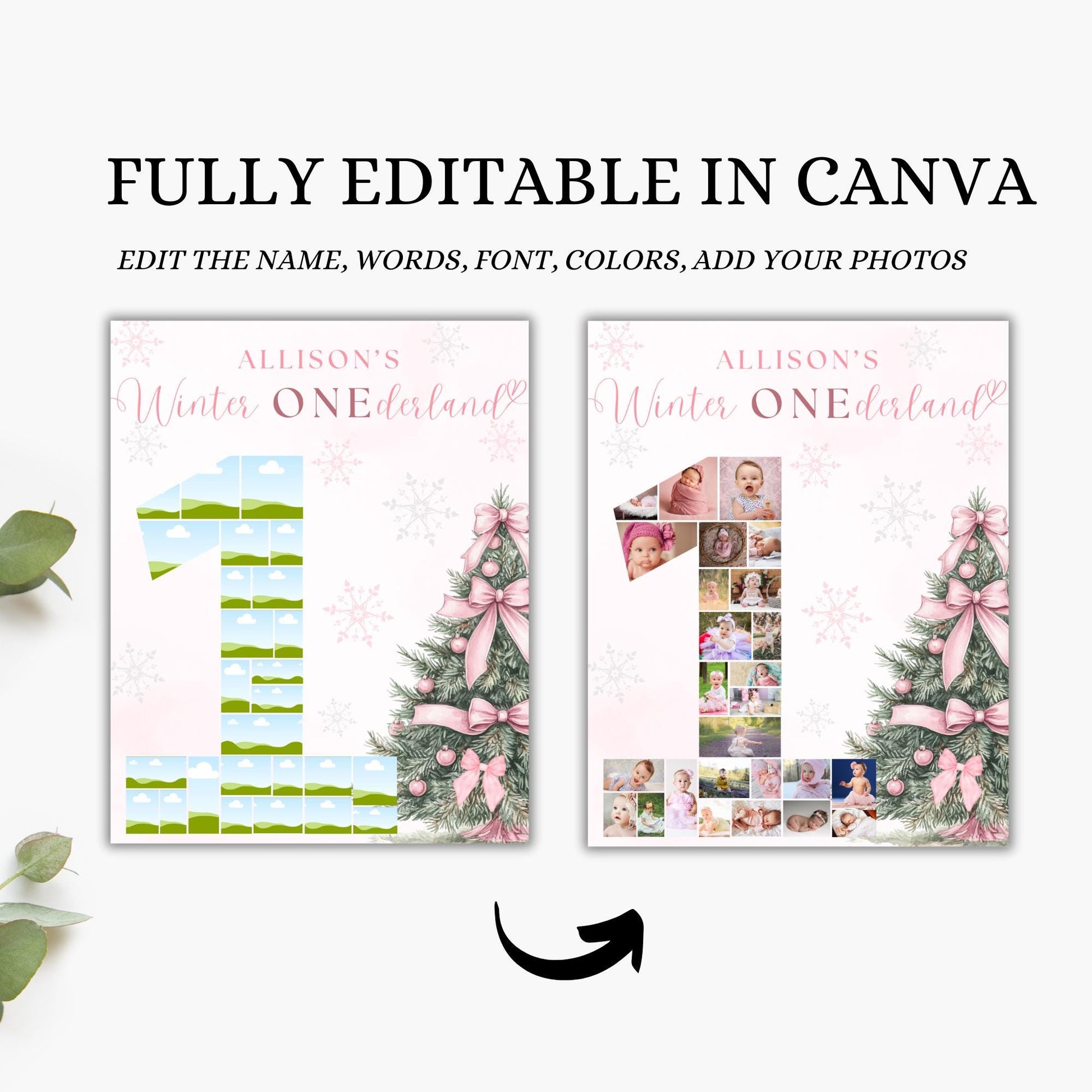 Winter ONEderland First Birthday Sign Photo Collage Editable Pink Christmas Girl 1st Birthday Monthly Photo Banner coquette Milestone sign