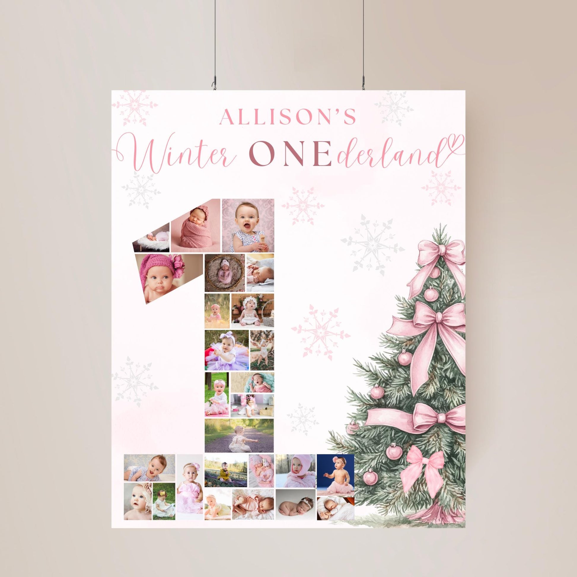 Winter ONEderland First Birthday Sign Photo Collage Editable Pink Christmas Girl 1st Birthday Monthly Photo Banner coquette Milestone sign