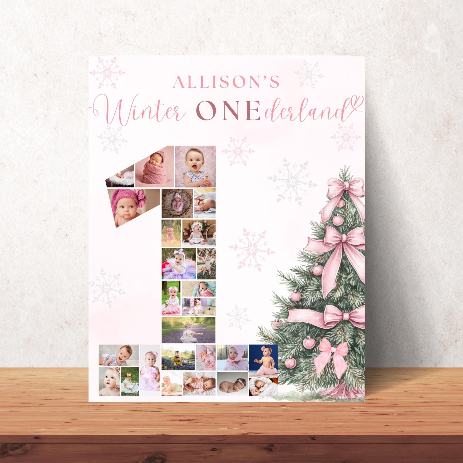 Winter ONEderland First Birthday Sign Photo Collage Editable Pink Christmas Girl 1st Birthday Monthly Photo Banner coquette Milestone sign
